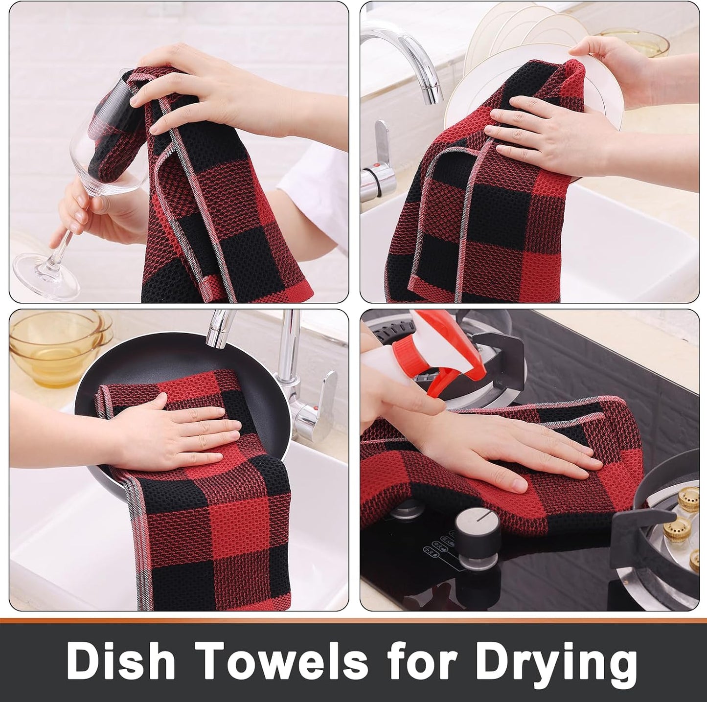 Mordimy Cotton Waffle Kitchen Towels, 13"x 28", 8 Pack, Black & Red | Super Soft and Absorbent Buffalo Check, Durable