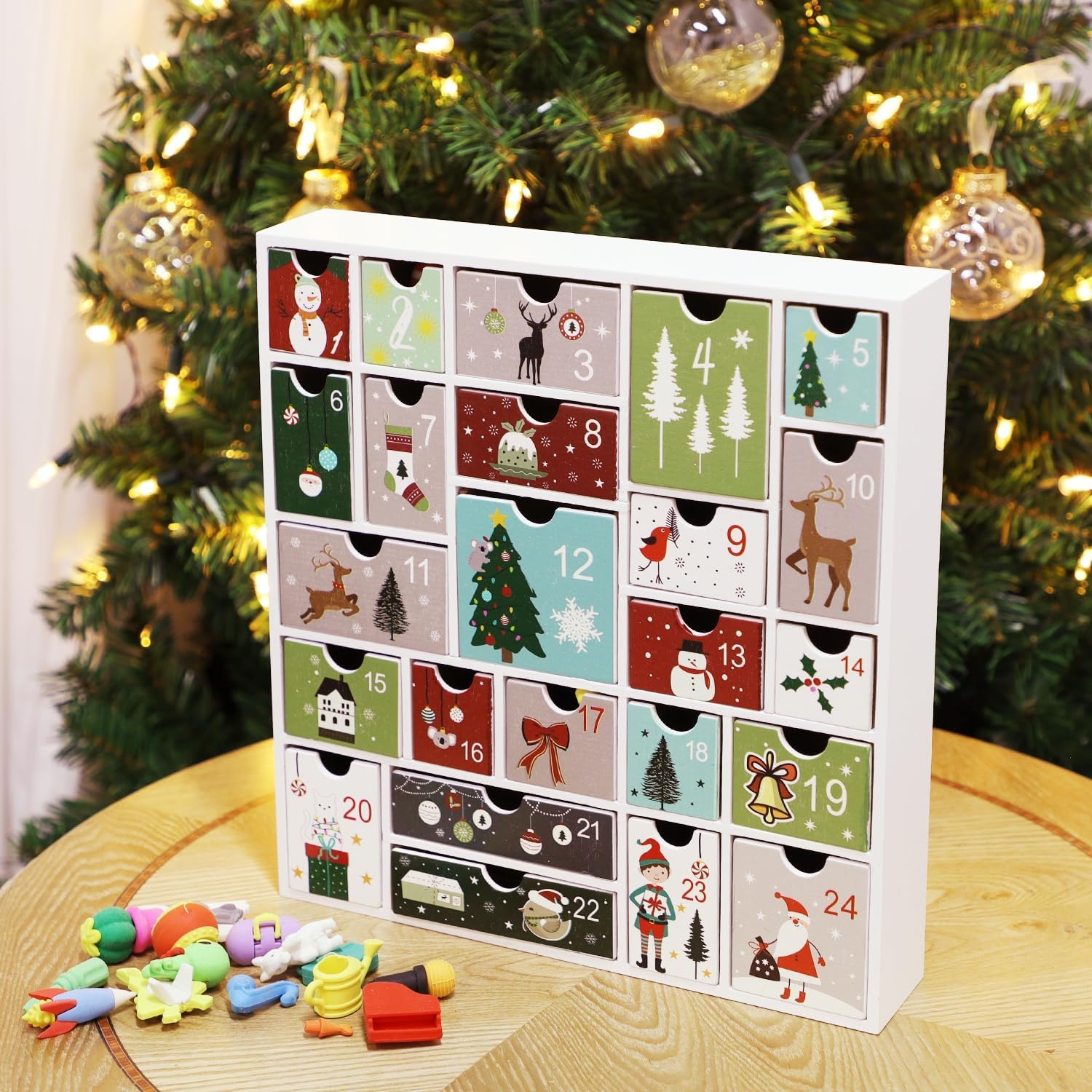 Wooden Christmas Advent Calendar with 24 Drawers, Countdown to Christmas, Refillable Wooden Advent, White