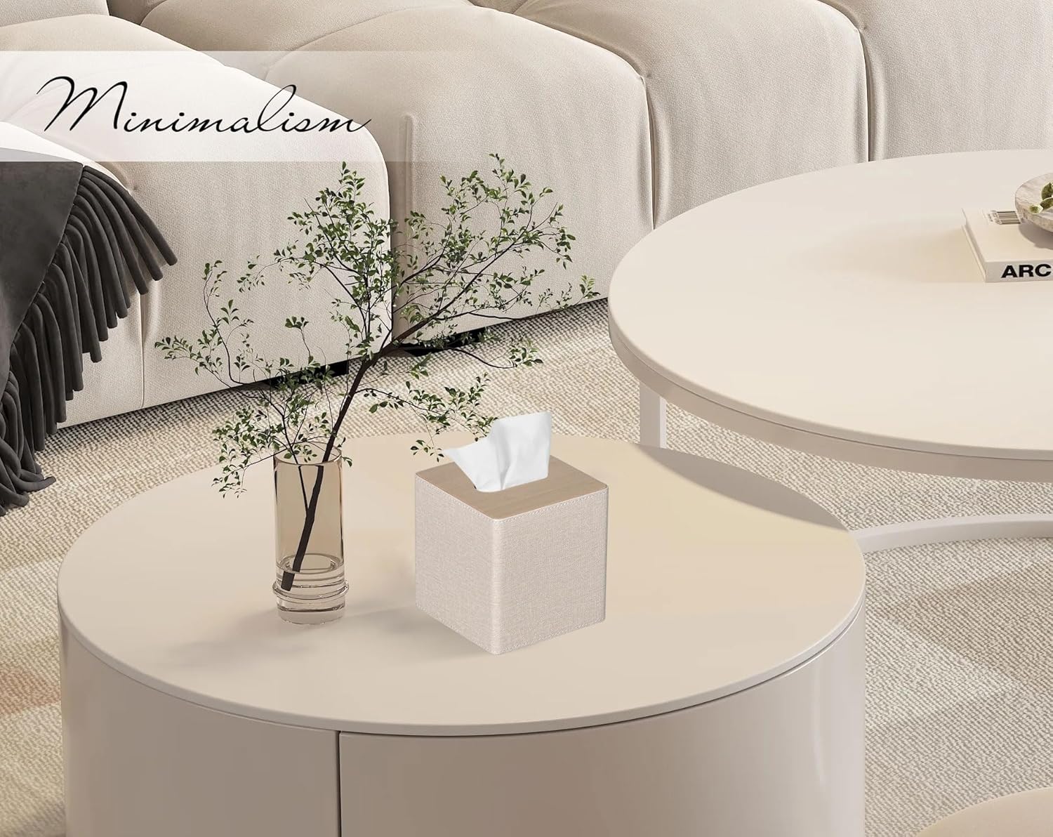 Tissue Box Cover Square PU Leather Facial Tissue Box Holder for Dresser Bathroom Decor / Beige