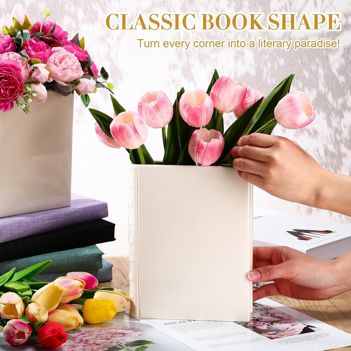 Ceramic Book Shape Vase for Flowers Gifts for Christmas Bookshelf Decor Vase / White / Set of 2