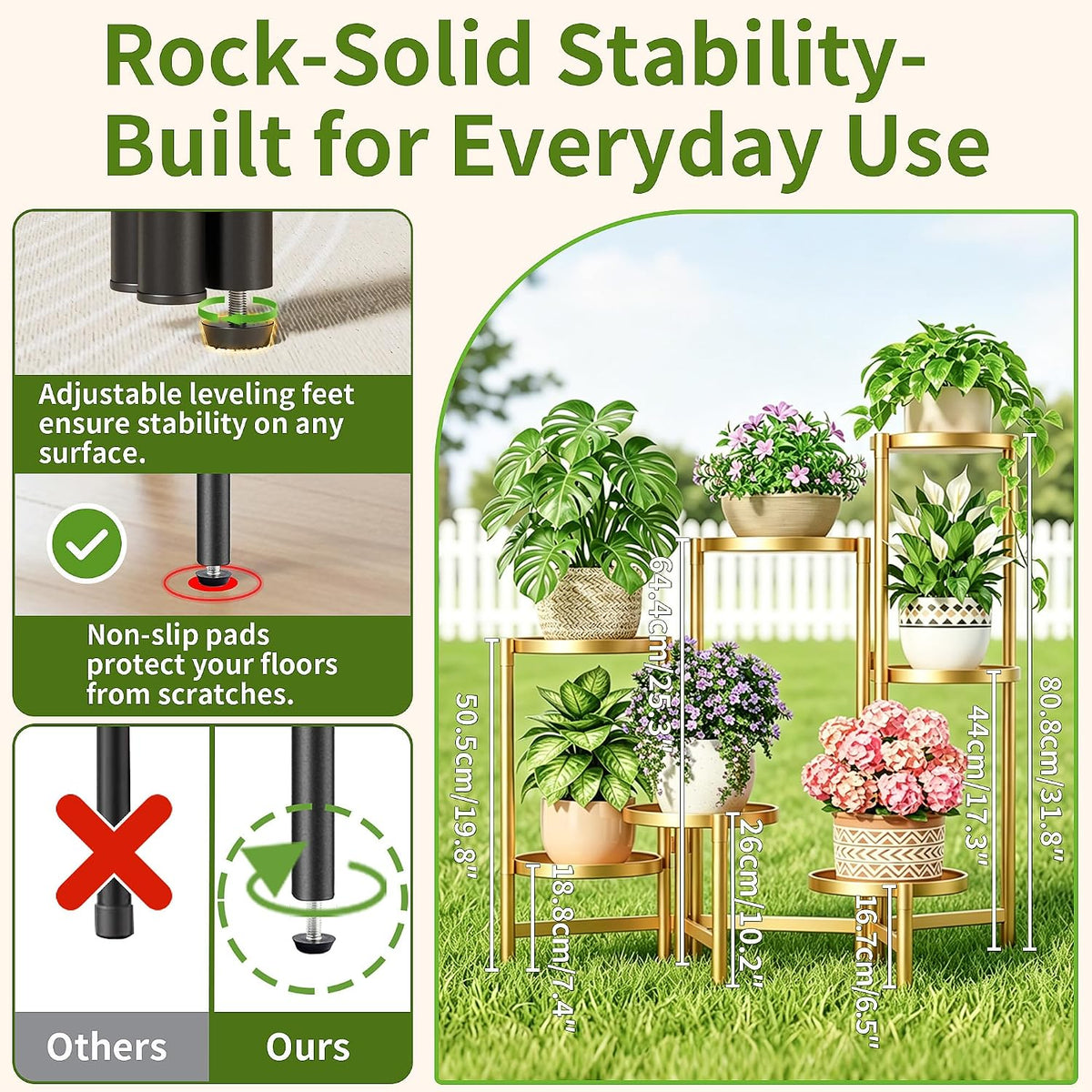 Stand Plants Gold, 7 Tiered Corner Plant Stand Indoor Outdoor, Tall Folding Rack with Rust Proof 7.9 Inch Wide Tray