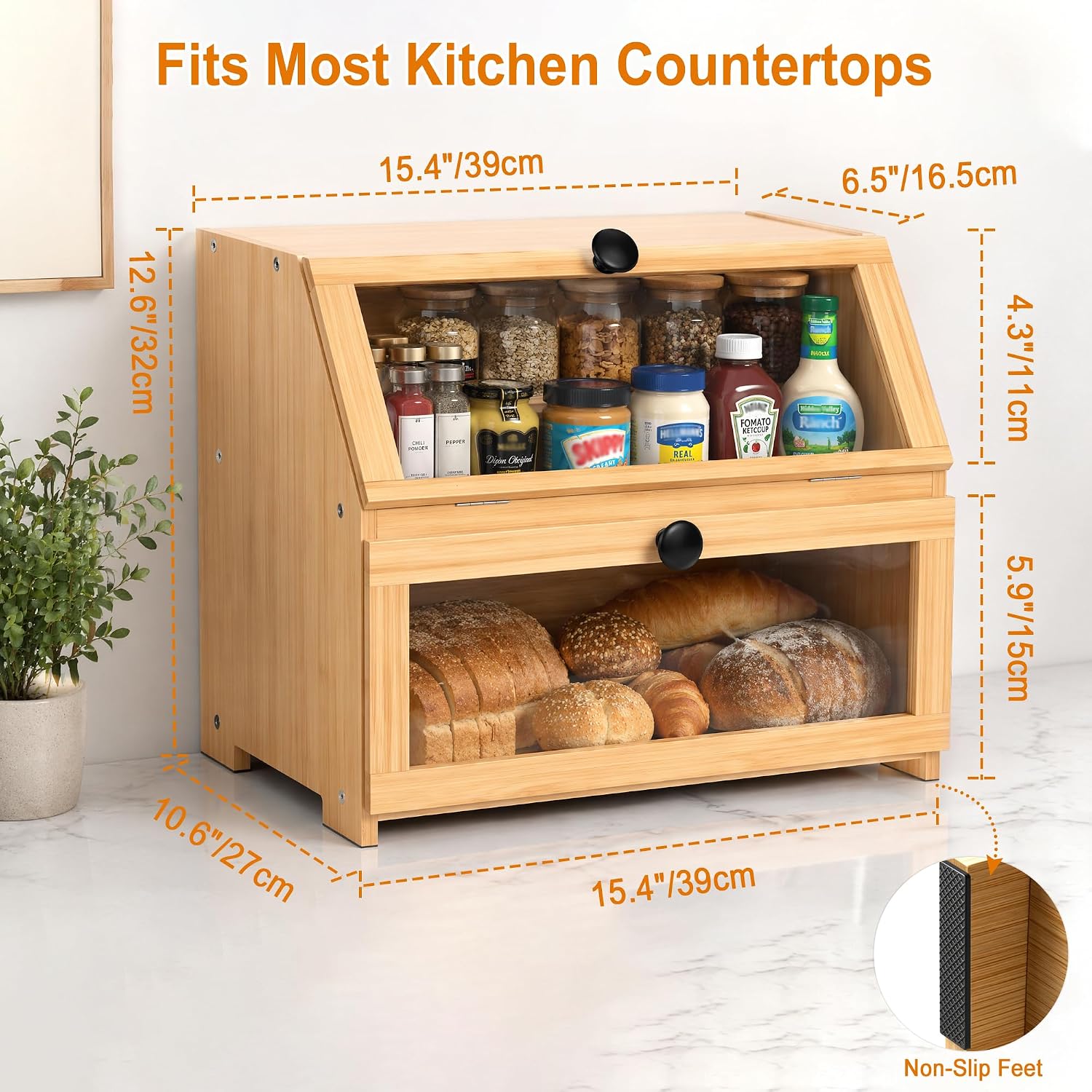 Bamboo Bread Box for Kitchen Countertop, Large Bread Storage Container Bin 2 Layer Breadbox Holder for Kitchen Counter