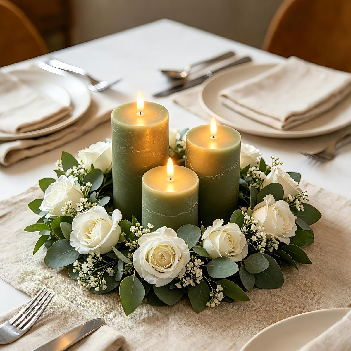 Olive Green Flameless Pillar Candles, Wax LED Candles with Remote | Realistic Battery Operated Decorative Candles