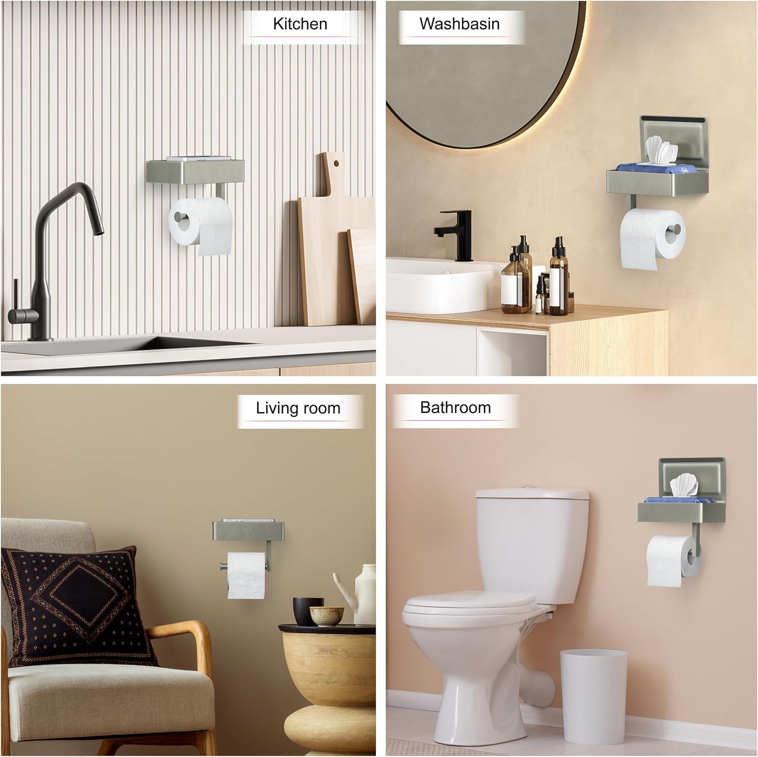 Brushed Nickel Toilet Paper Holder Wall Mounted with Shelf & Wipes Storage – Stainless Steel SUS304 Modern Toilet
