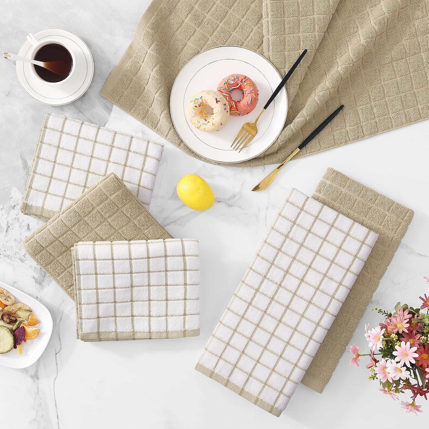 Homaxy Large Premium Cotton Kitchen Towels 16"x 28", 8 Pack, Tan | Natural Ring Spun 390 GSM Dish Towels, Super