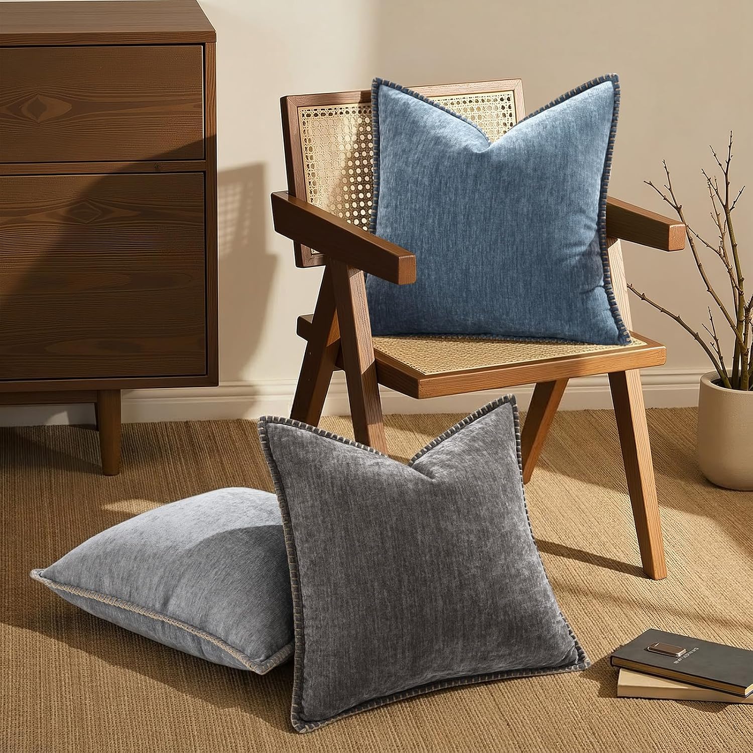 Fall Chenille Soft Throw Pillow Covers / Dark Grey / 18 x 18 / Set of 2