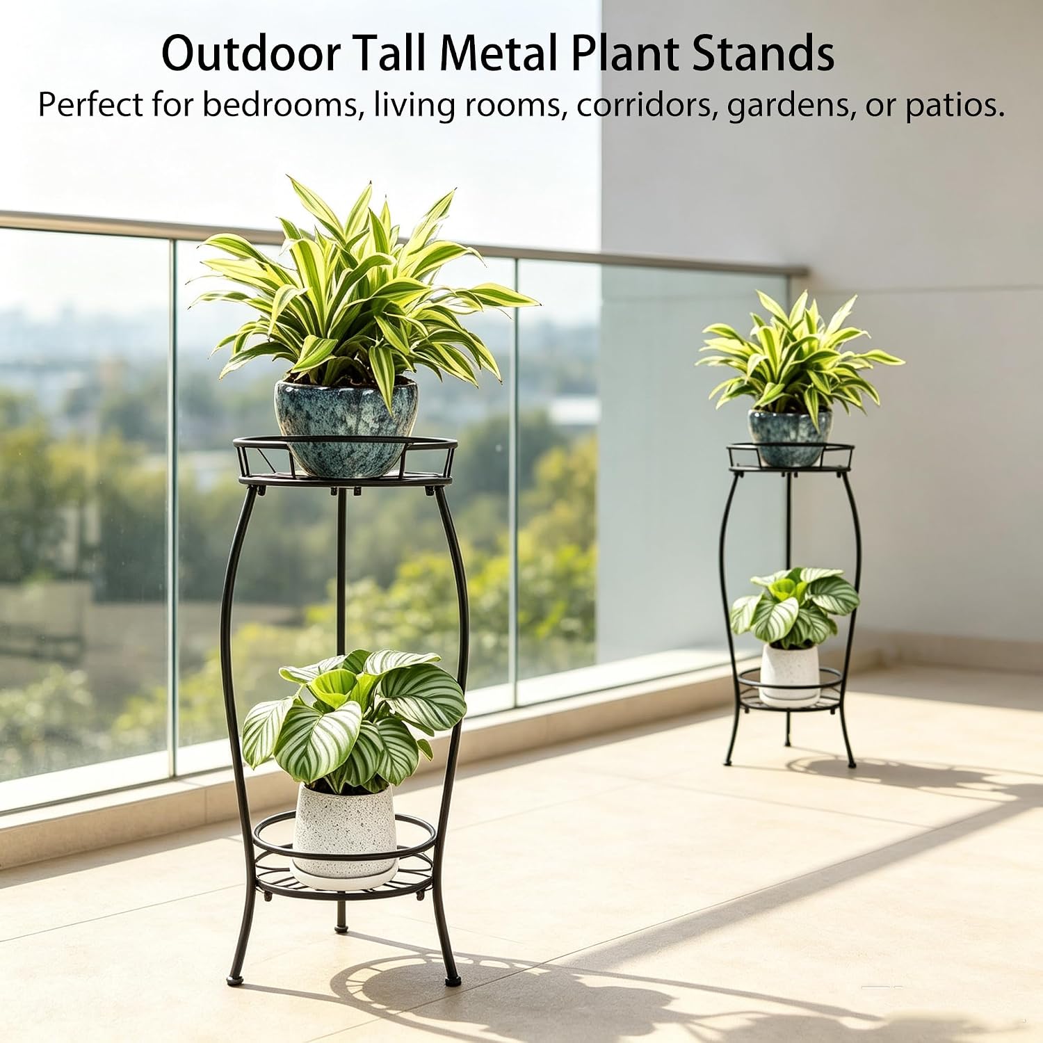 Plant Stand Indoor Outdoor 2 Pack 27.1 Inch, Tall 2 Tier Metal Flower Pot Stand, Heavy Duty Rustproof Corner Plant