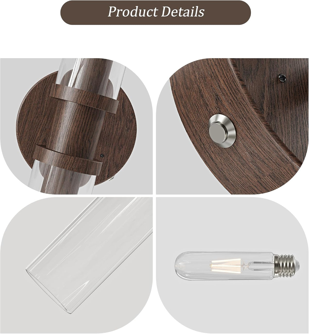 Rayogale Walnut Wireless Battery Operated Wall Sconces with Remote Control | Glass Rechargeable Wall Lights Set of 2