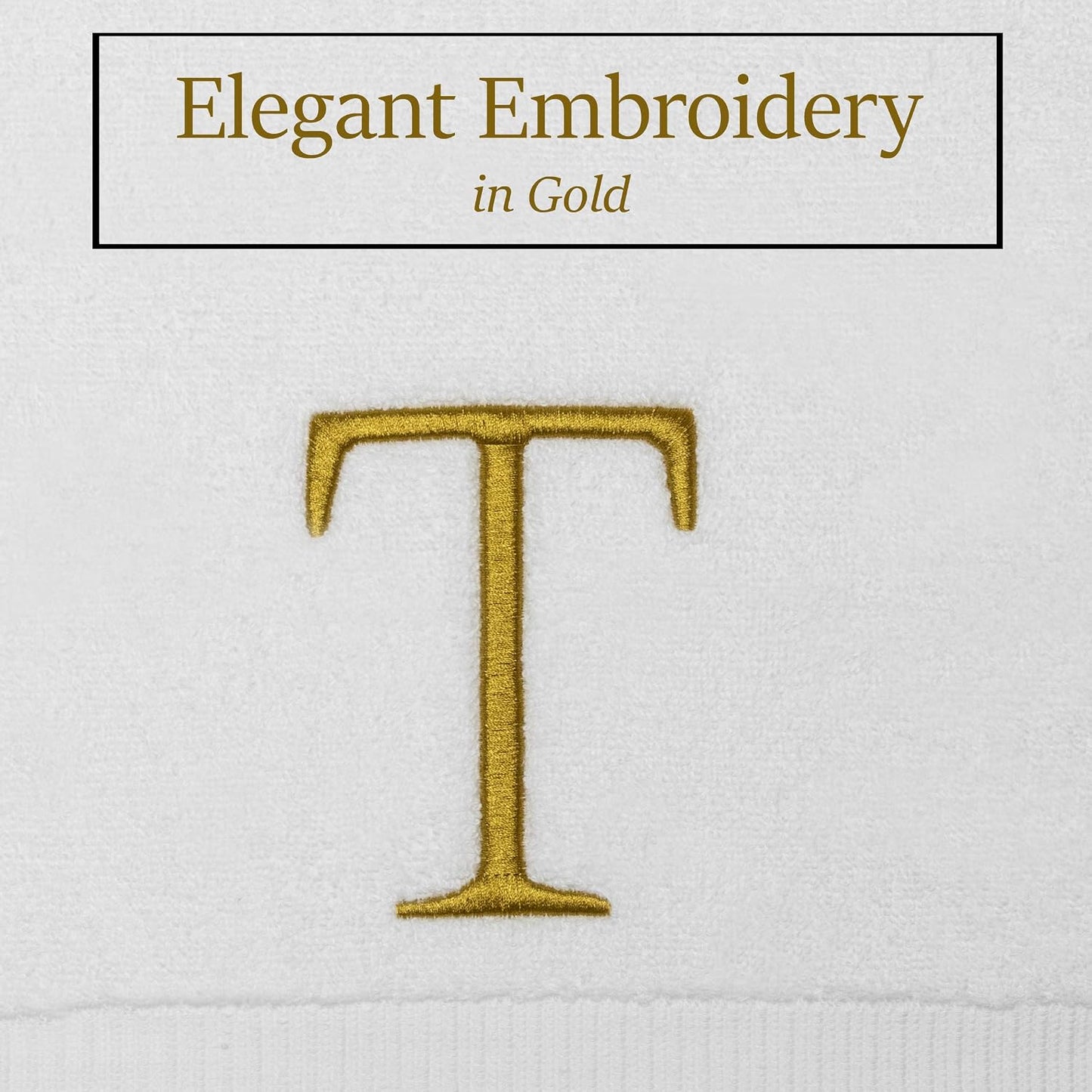 White with Gold Monogrammed Hand Towels for Bathroom - Set of 2 Letter T | Luxury Hotel Quality Initial Towels For