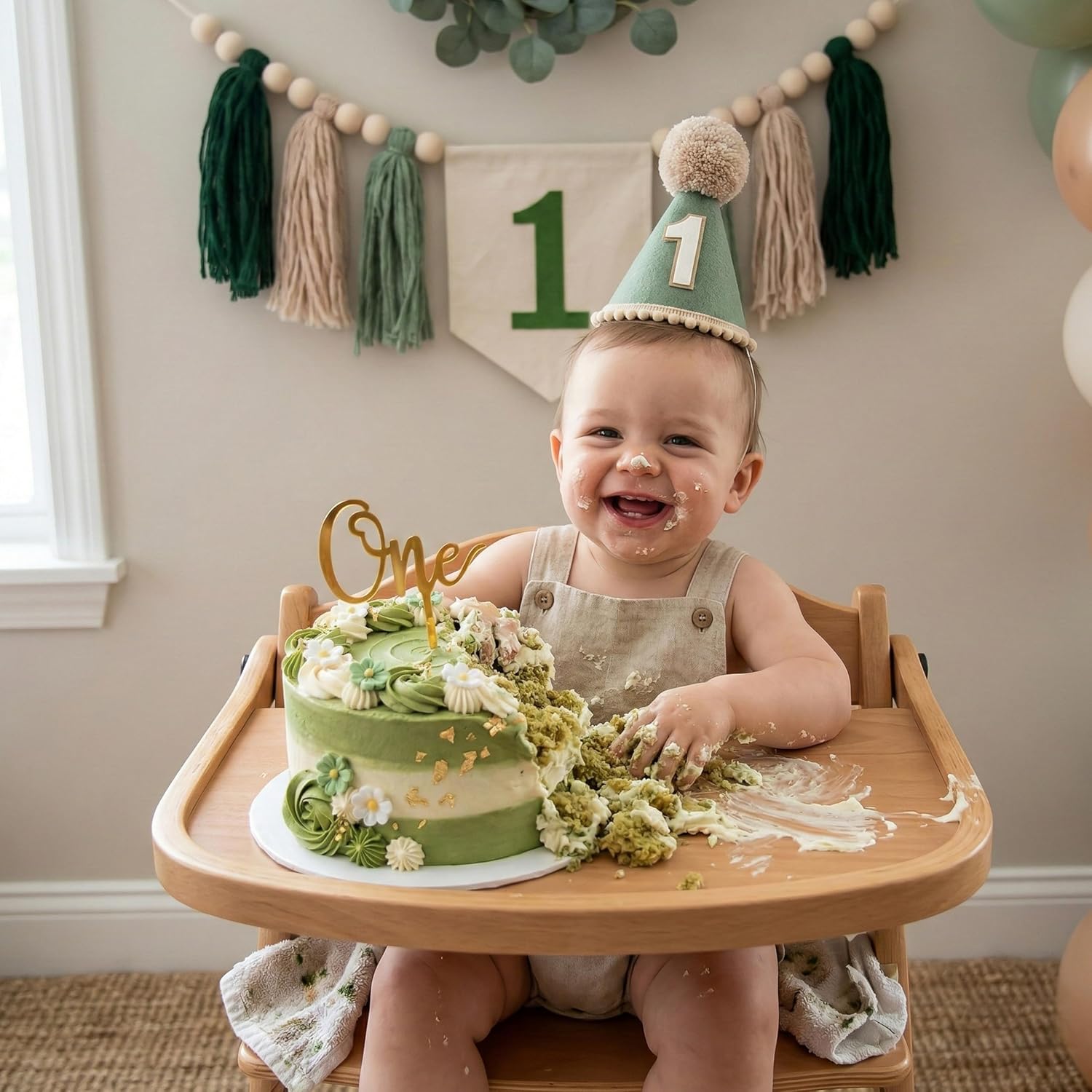 Cone Hat And Cake Topper Wood Bead Tassel Garland First Birthday Decorations / Green