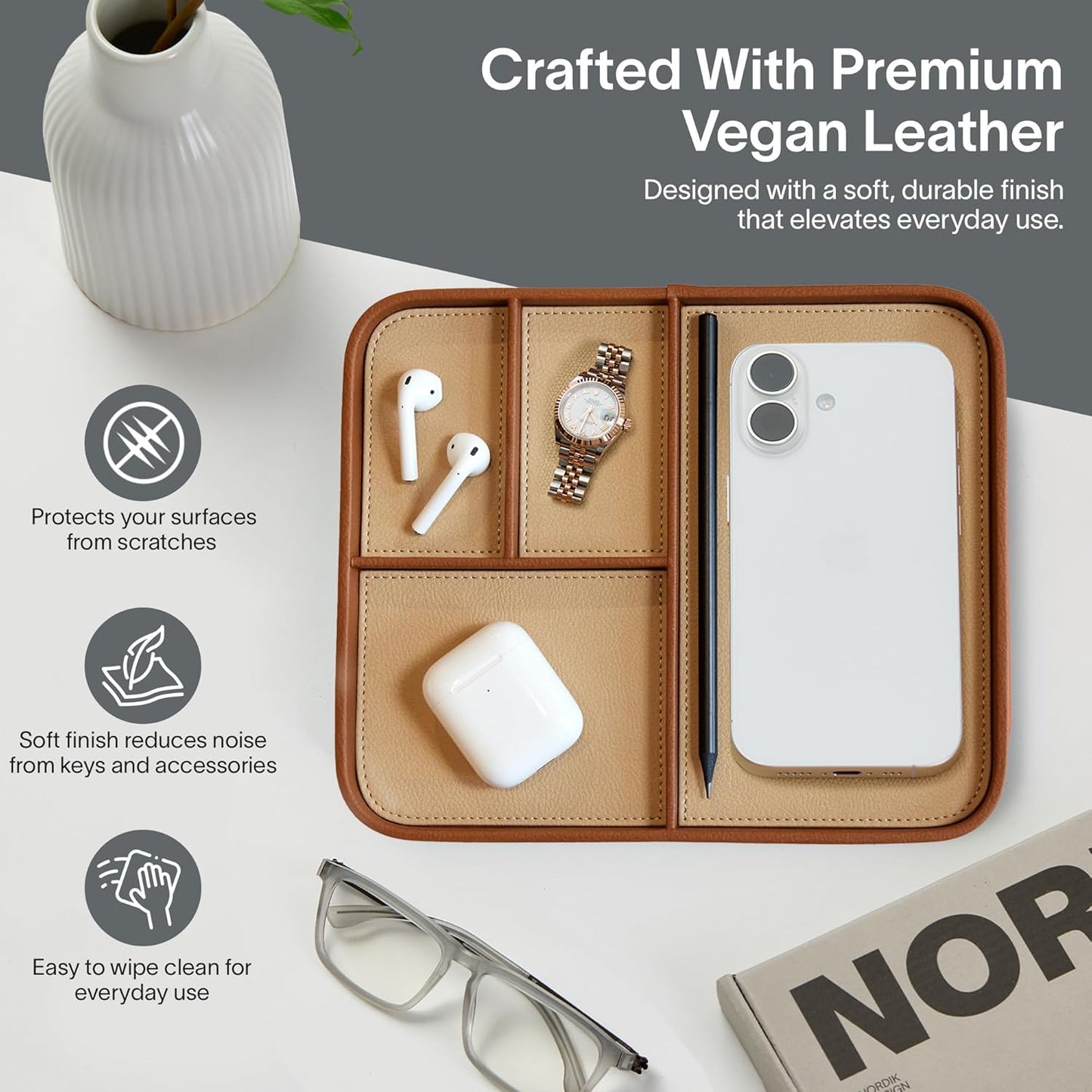 Nordik Leather Valet Tray / Sand Brown / 9.5 x 7.9
