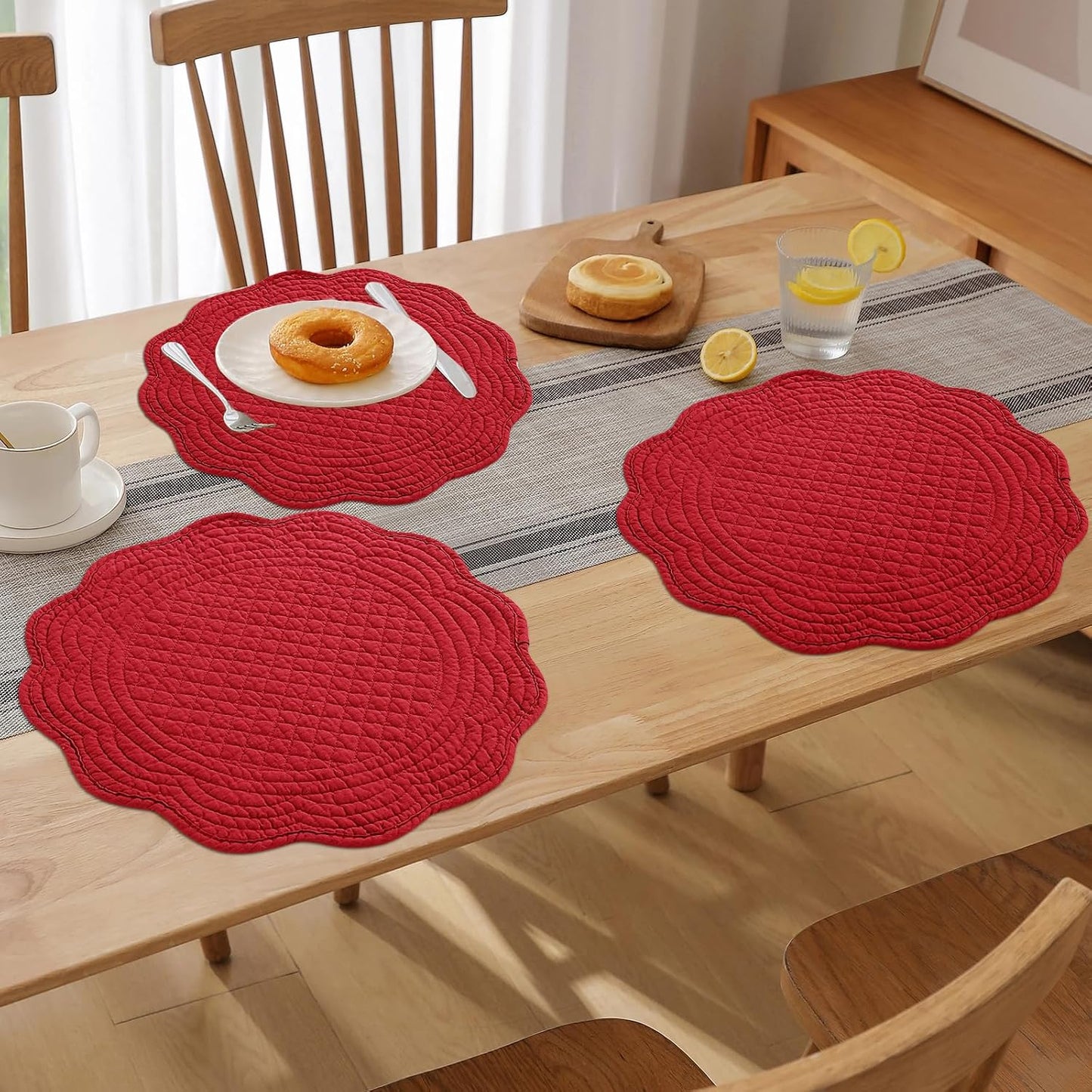 HOMBYS Quilted Placemats Set of 6 Washable Round Placemats for Kitchen Table-100% Cotton Fabric 14 Inch Round Table