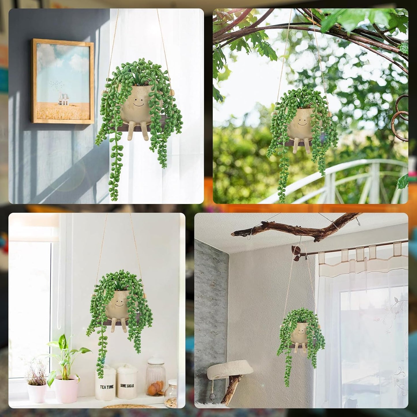 Artificial Hanging String of Pearls Succulent in Smiley Face Swing Planter / Hanging Succulents