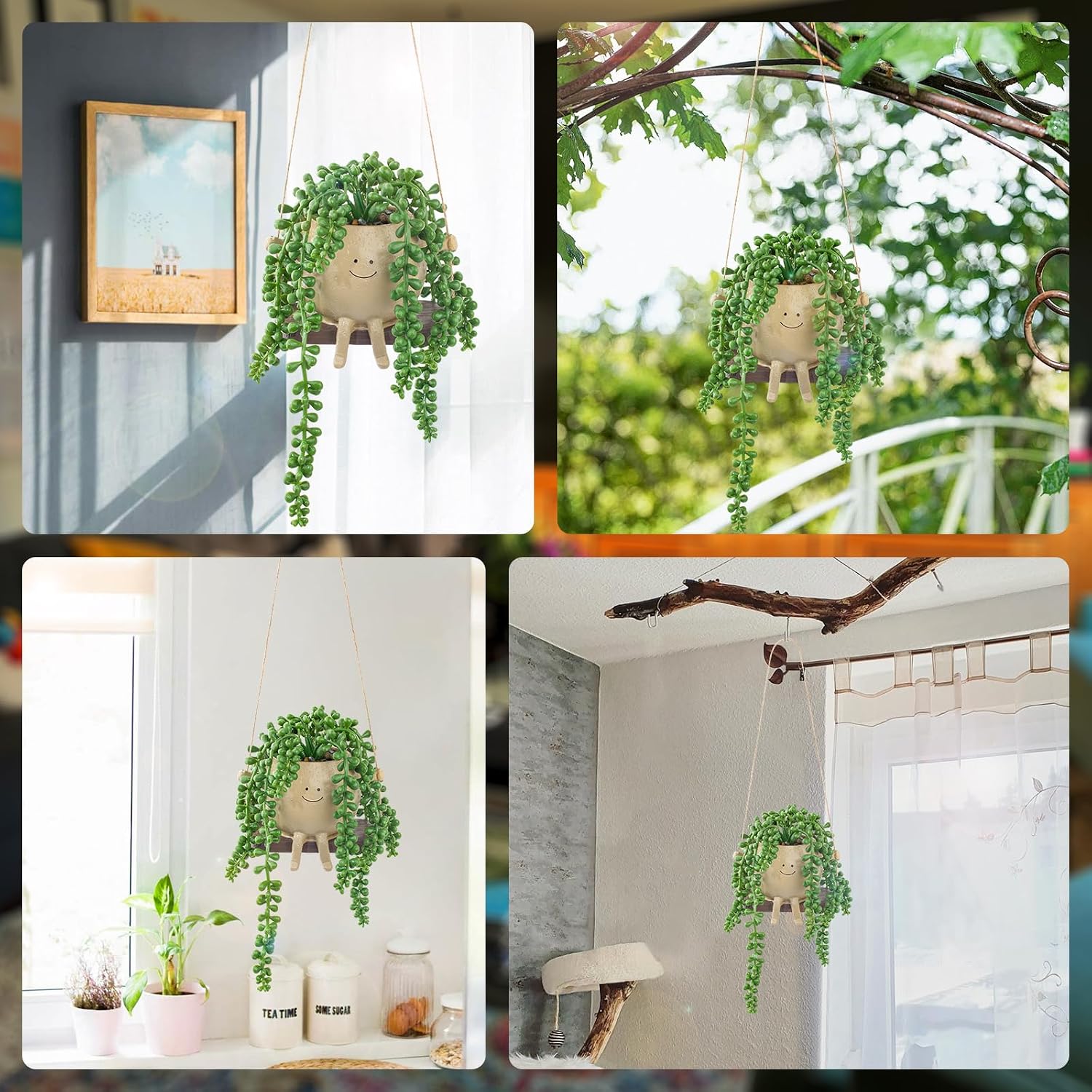 Artificial Hanging String of Pearls Succulent in Smiley Face Swing Planter / Hanging Succulents