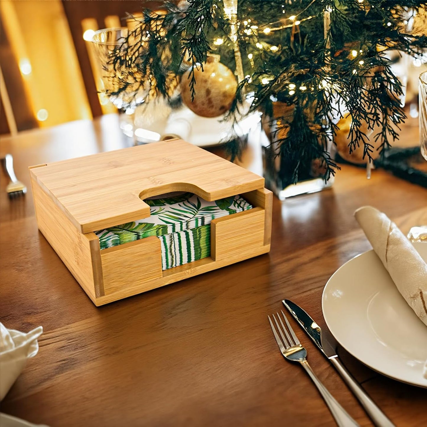 Large Modern Square Paper Napkin Holder for Dining Dinner Kitchen / Bamboo / 13 x 13