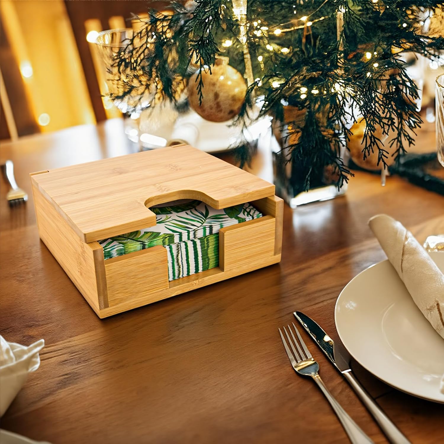 Large Modern Square Paper Napkin Holder for Dining Dinner Kitchen / Bamboo / 13 x 13