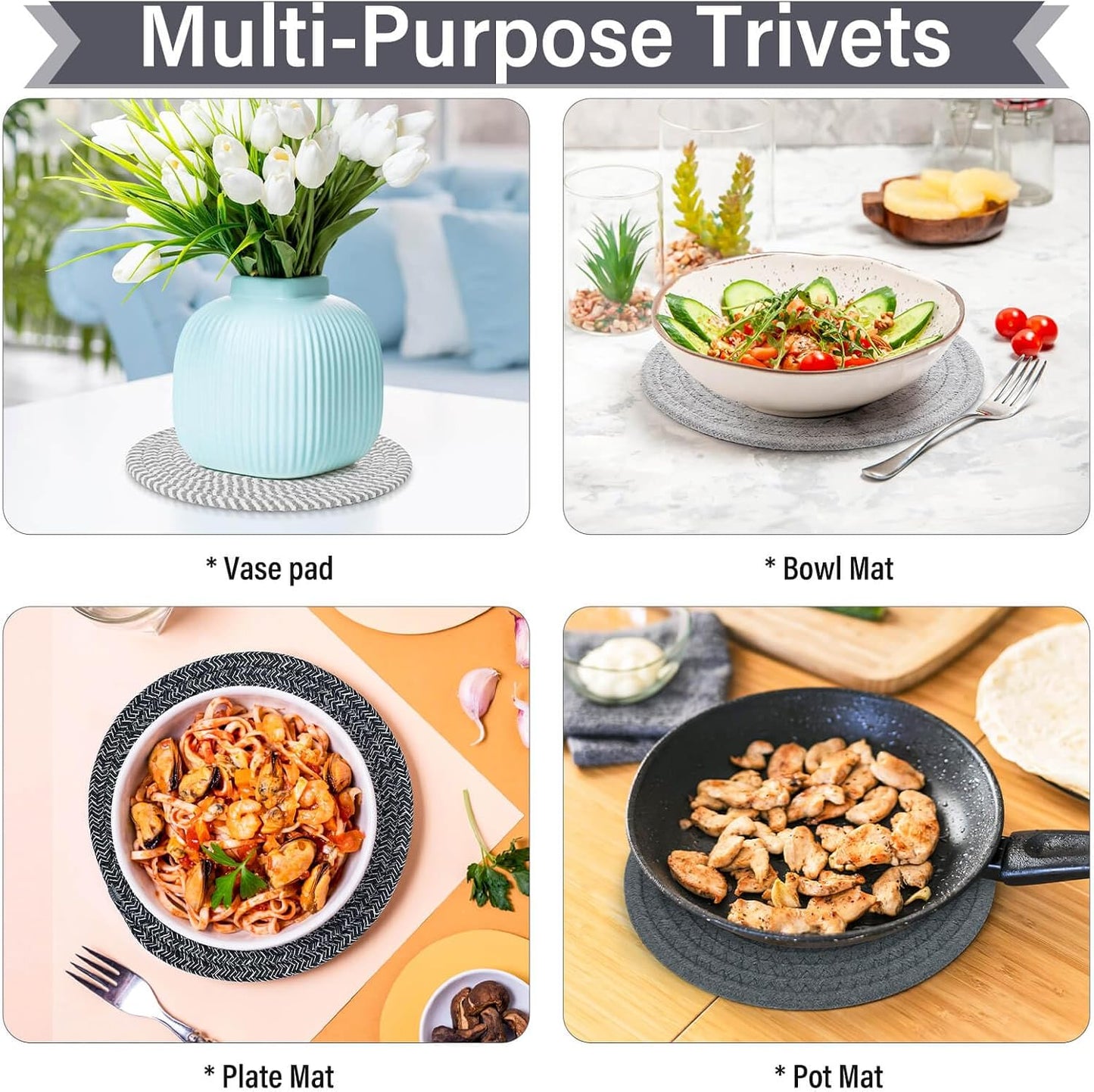 Billbotk 10" Trivets for Hot Dishes, Hot pots and Pans, Set of 6, Heat Resistant Pot Holders for Kitchen, Hot Pads for