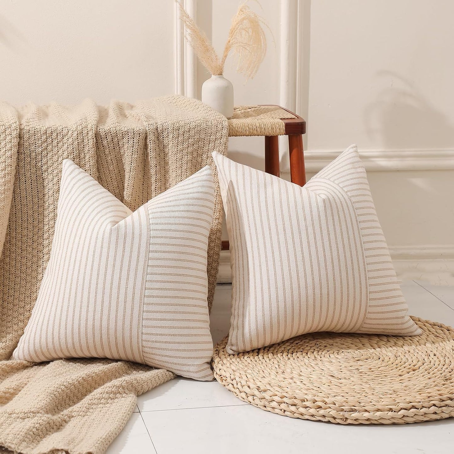 Striped Linen Decorative Pillow / Khaki / 18 x 18 / Beige / Set of 2