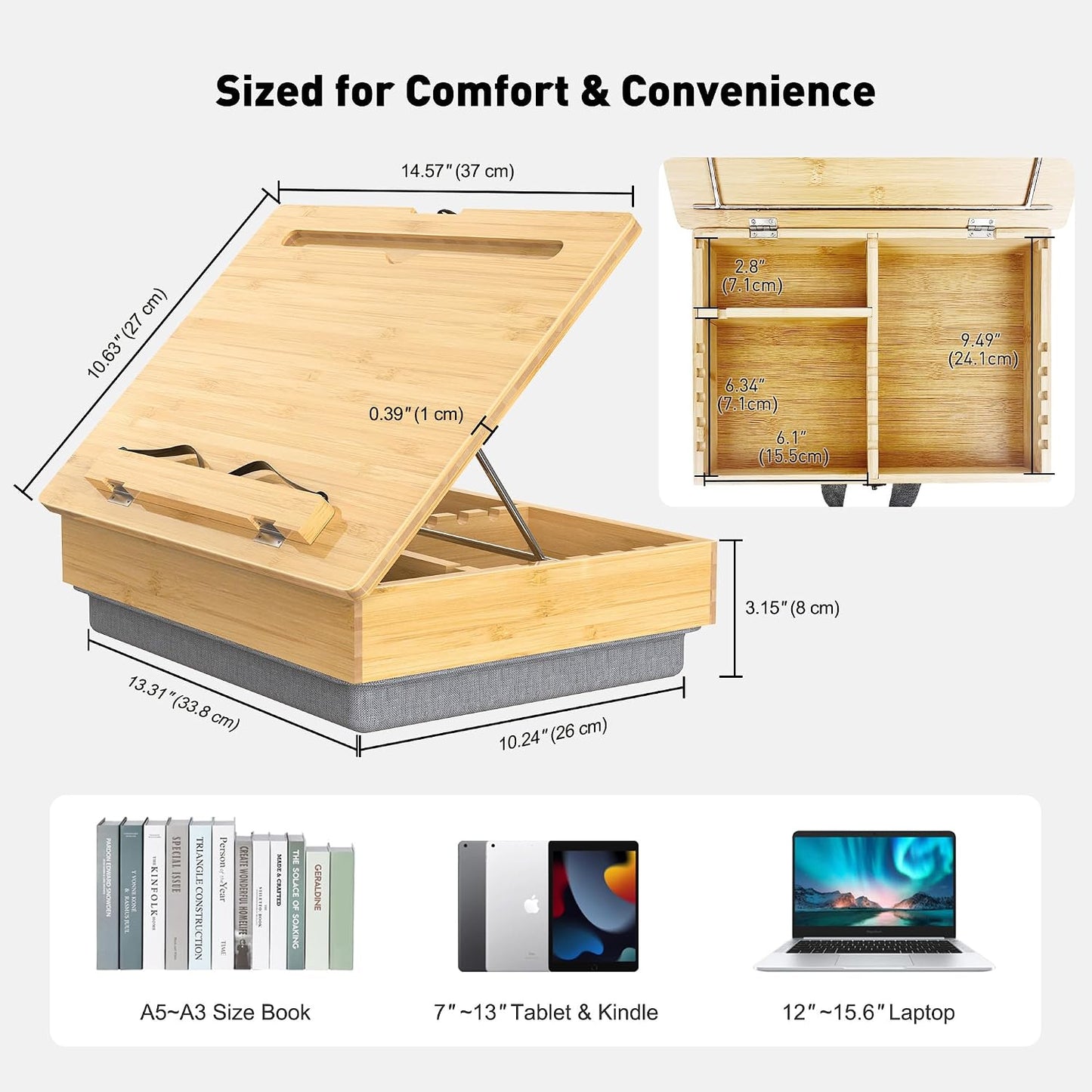 AboveTEK Book Stand for Reading with Storage, Adjustable Bamboo Book Holder with Soft Lap Cushion, Cookbook Stand