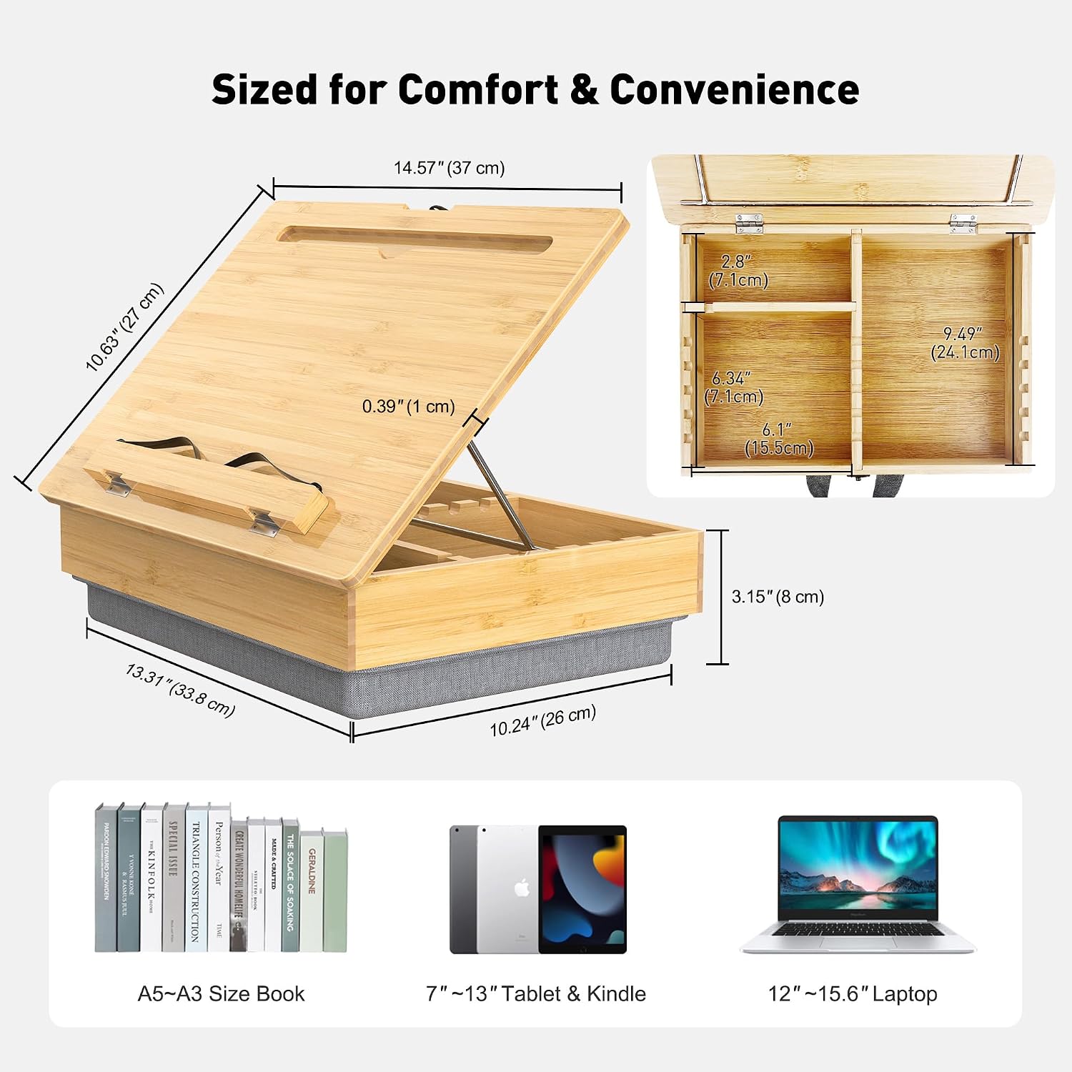 AboveTEK Book Stand for Reading with Storage, Adjustable Bamboo Book Holder with Soft Lap Cushion, Cookbook Stand