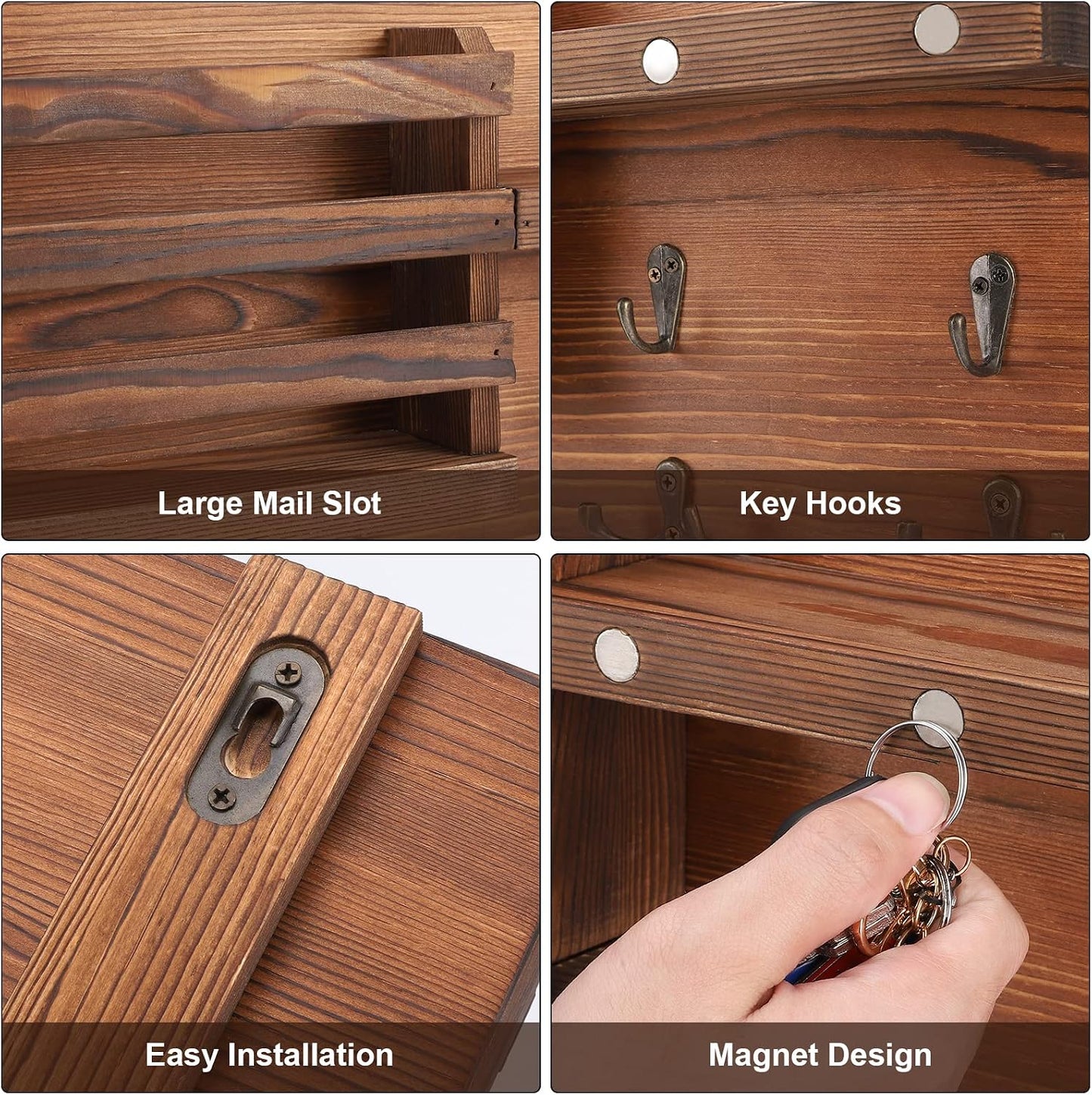Easy Install Natural Wooden Key and Mail Holder / Brown