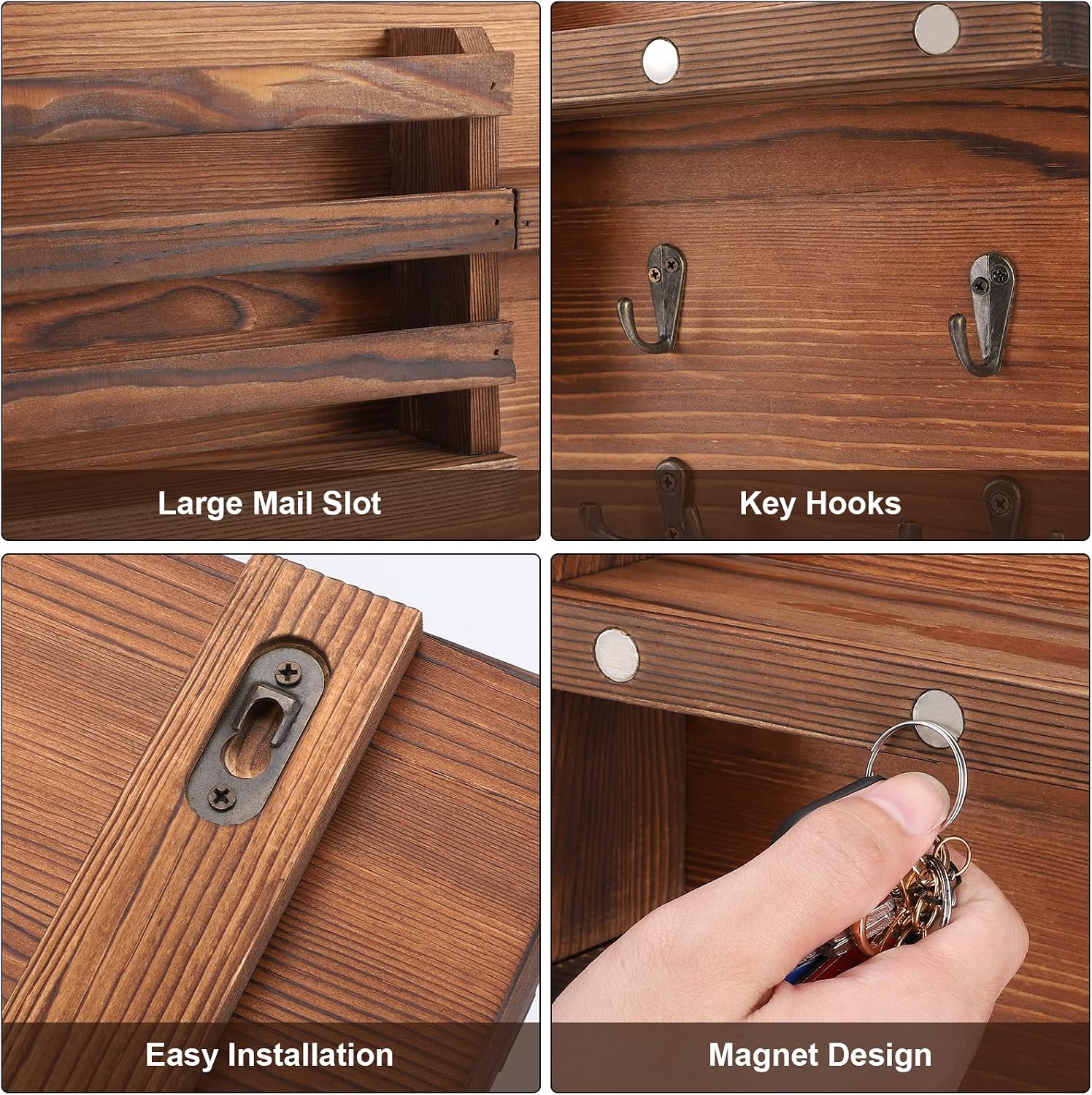 Easy Install Natural Wooden Key and Mail Holder / Brown