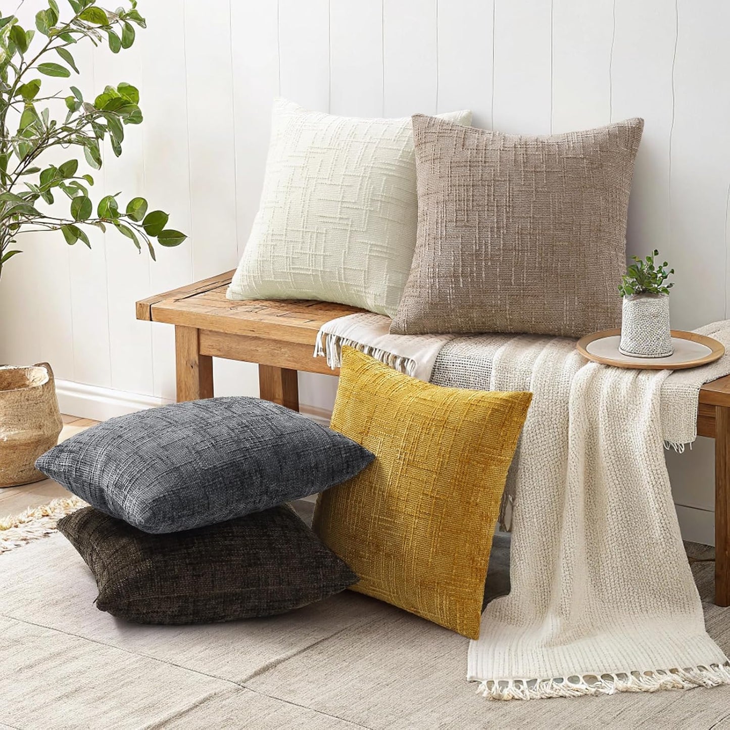 Fall Chenille Throw Pillow Covers Textured Soft Slubby Couch Pillow / Oatmeal / 18 x 18 / Set of 2
