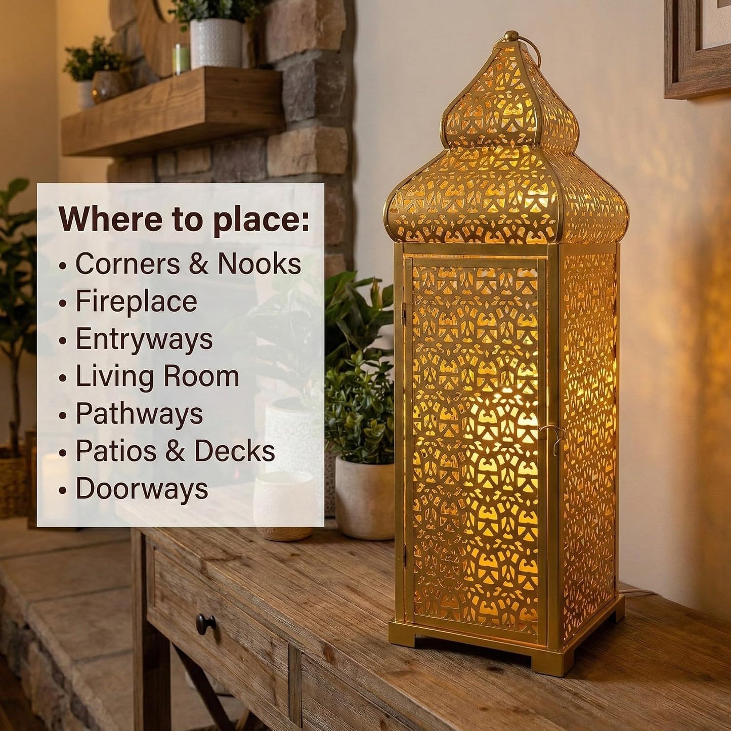 Vela Lanterns Decorative Indoor Tall Moroccan Floor Candle Holder, Gold, XL | Ramadan Decorations for Home, Extra Large