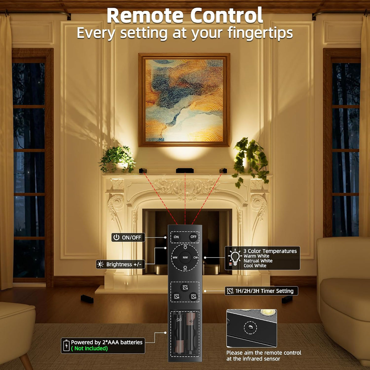 Kimjo 5500mAh Rechargeable Spotlight Indoor, 4 Pack | Remote Control, Daily Auto Timer, 3 Colors & Dimmable, LED Energy