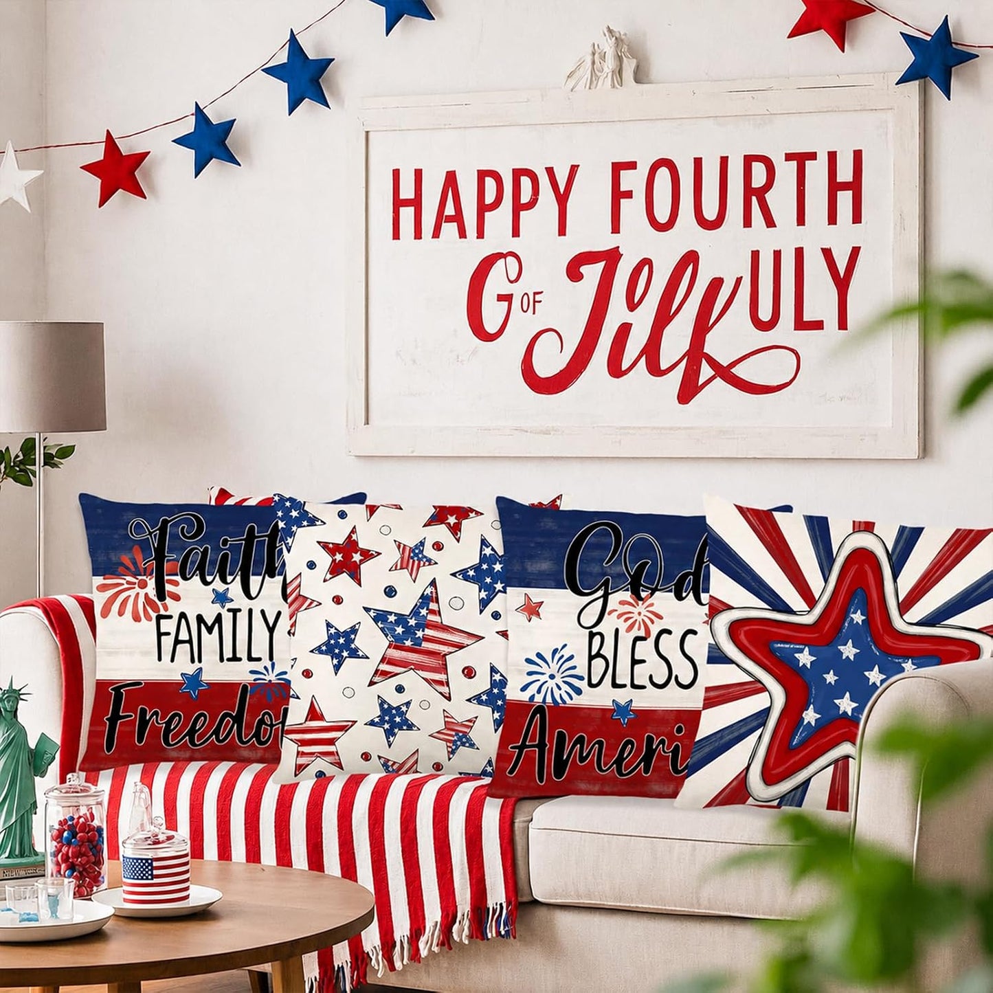 Patriotic Pillow Covers / Red White Blue 2 / 18 x 18 / Set of 4