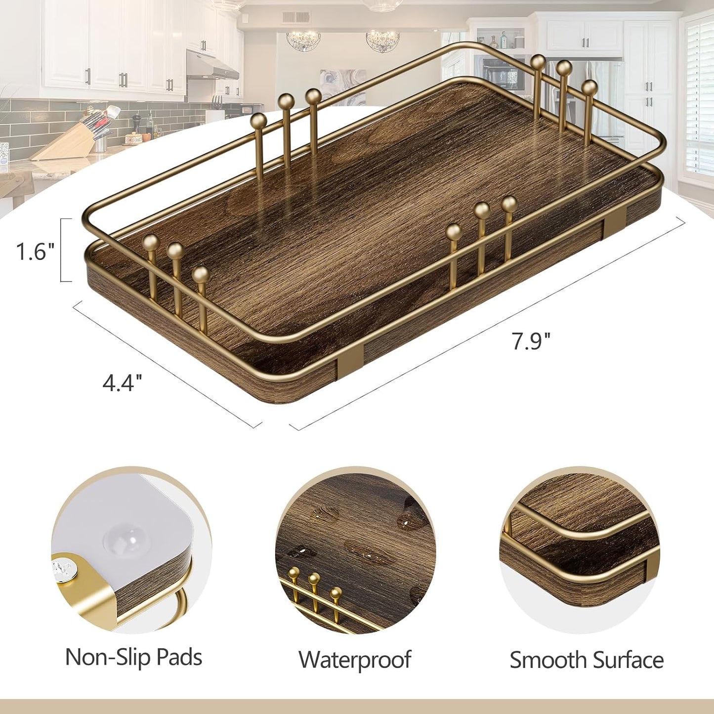 Kitchen Tray for Soap Dispenser Spice Salt / 7.9 x 4.4 x 1.6 / Brown + Gold