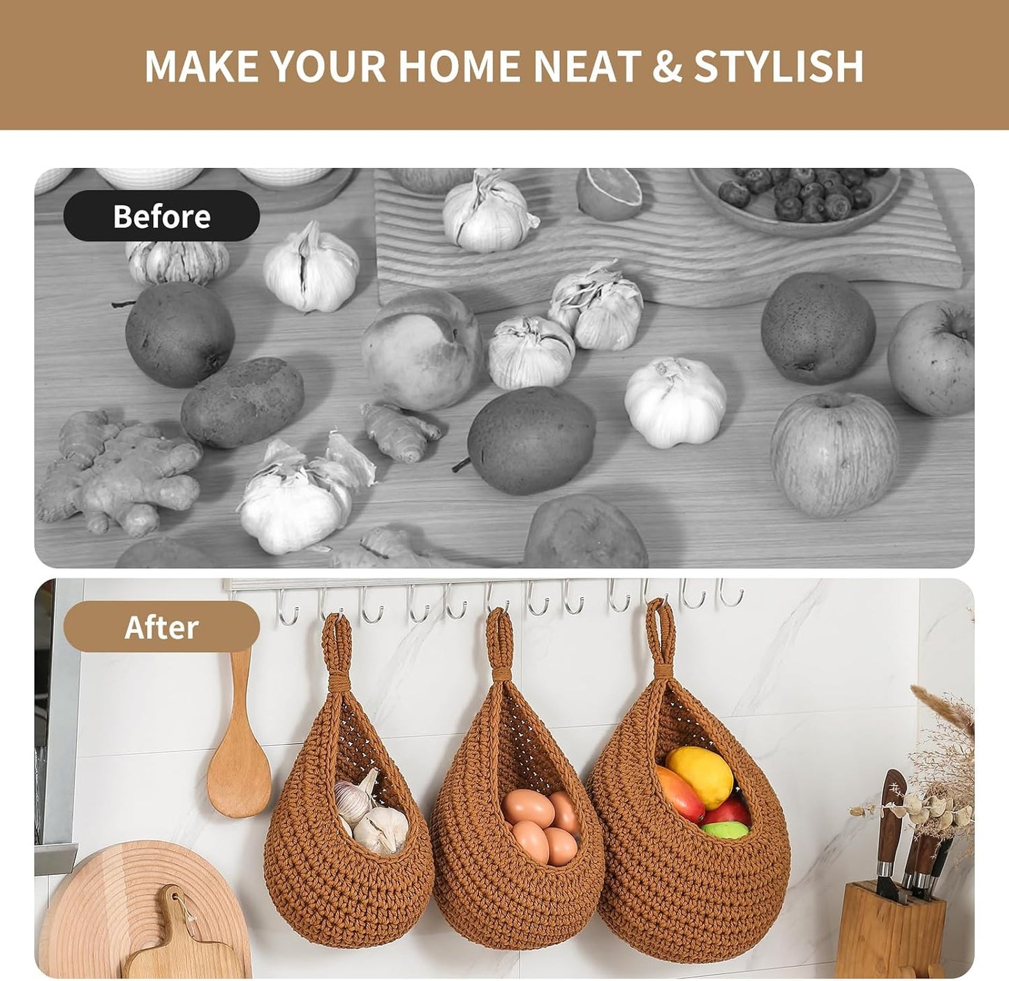 Boho Wall Hanging Fruit Baskets / Caramel / Set of 6