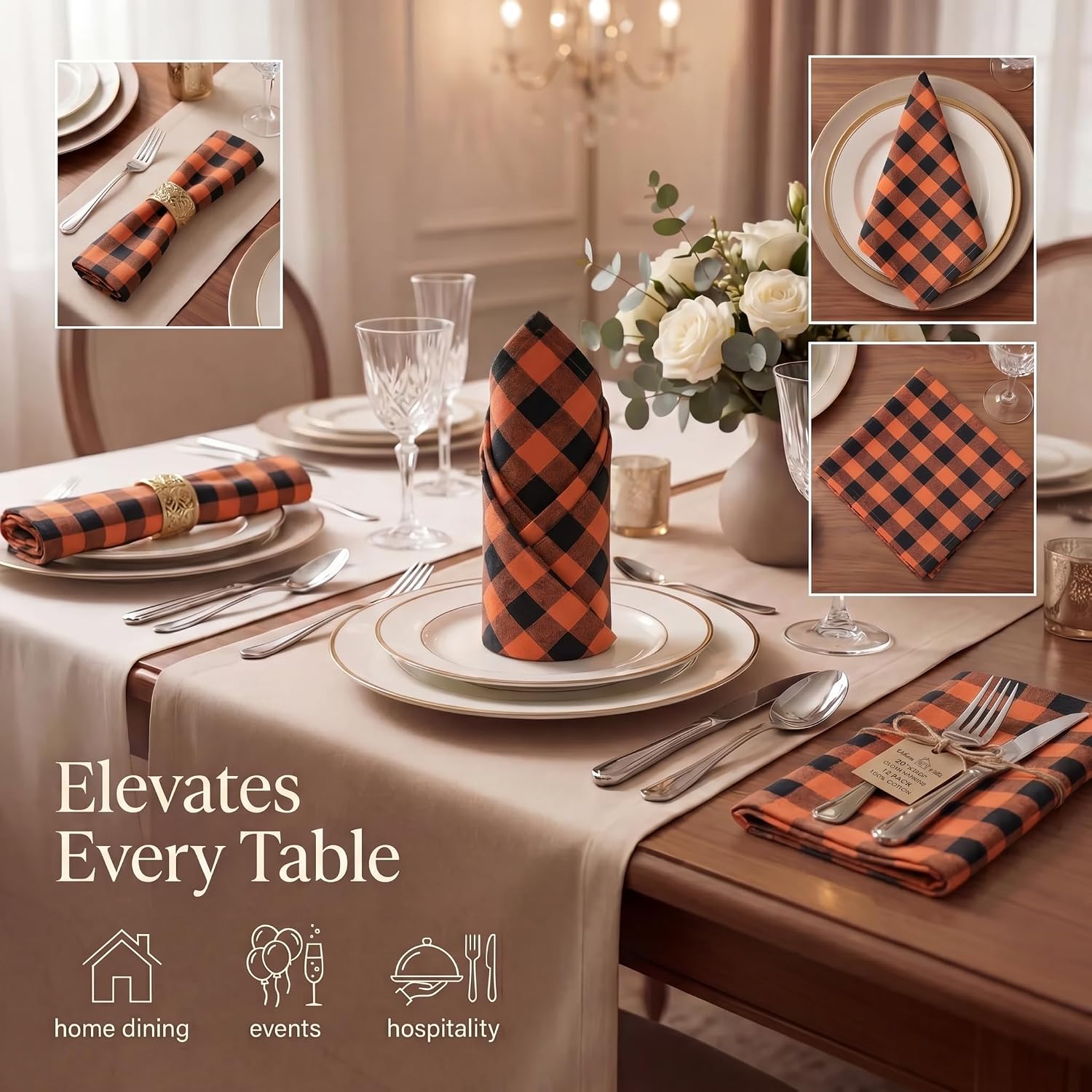 Urban Villa Cloth Napkins Cotton 12x12 (Set of 12) Orange/Black