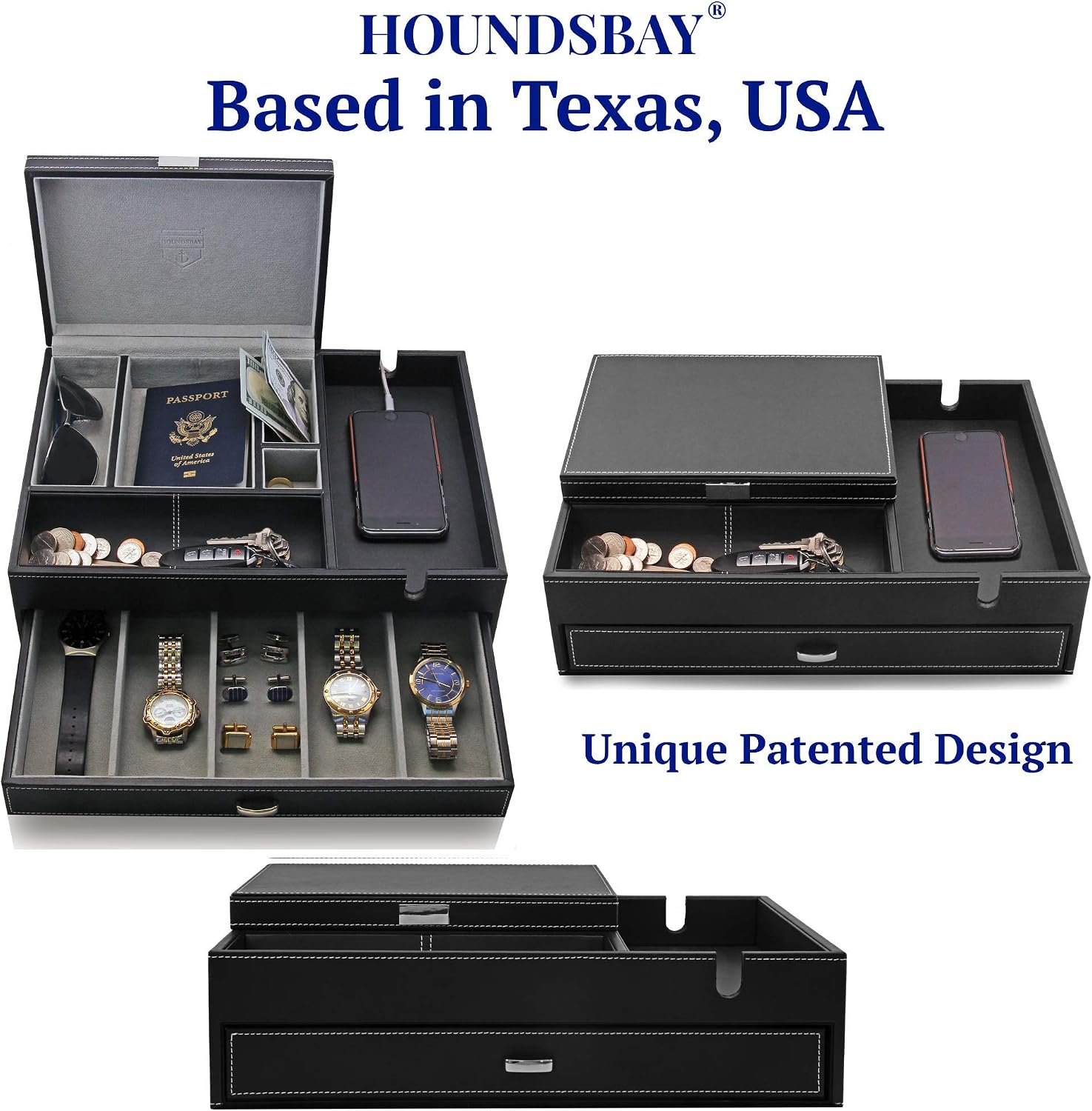 HOUNDSBAY Admiral Dresser Valet Box & Mens Jewelry Box Organizer with Large Smartphone Charging Station (Grey)