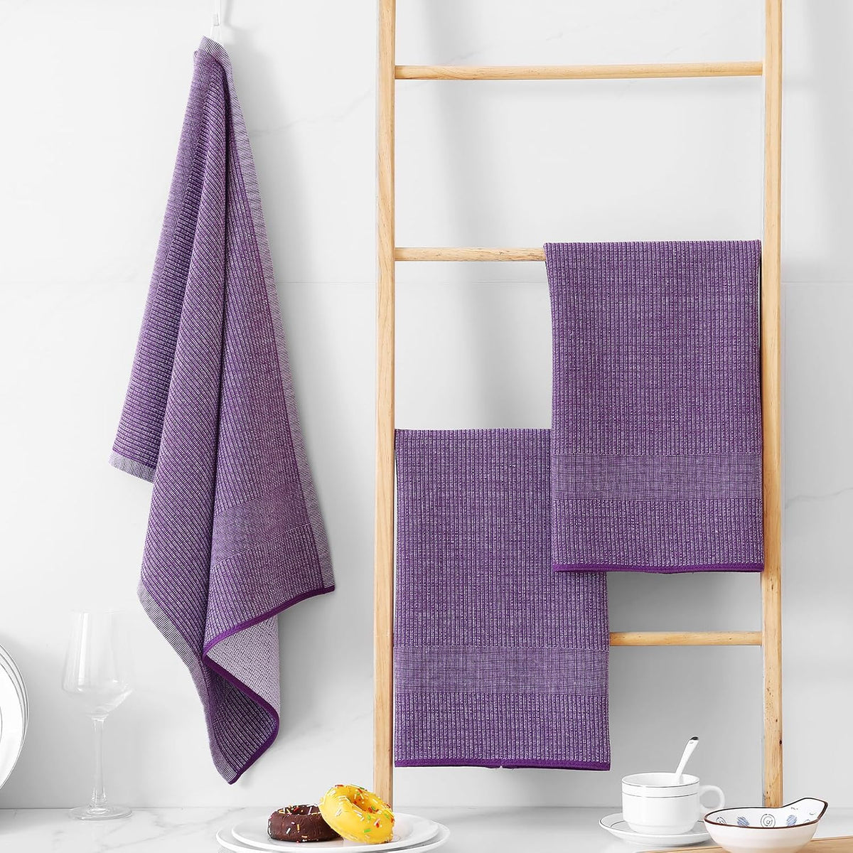Homaxy 380 GSM Cotton Premium Kitchen Towels 12 Pack, 18"x 28", Purple | Flat and Terry Dish Towels, Highly Absorbent
