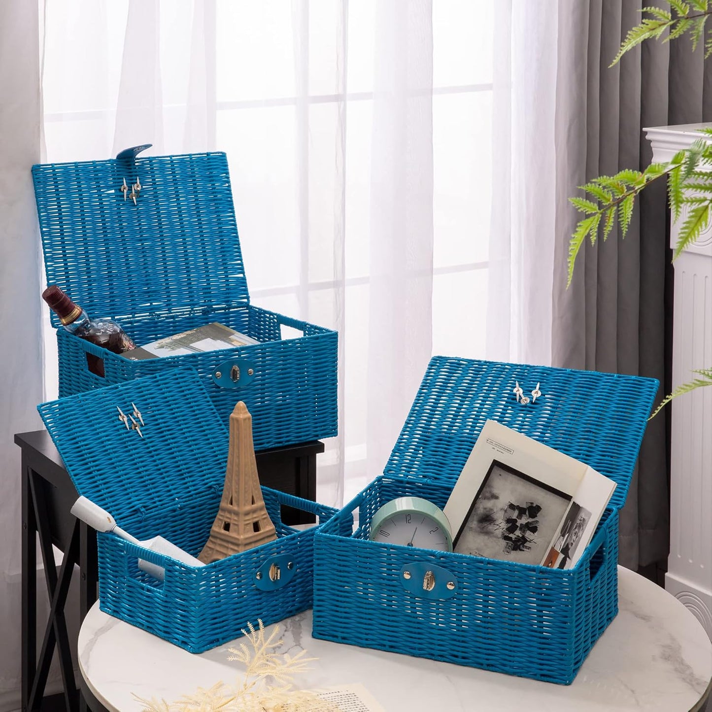 Woven Wicker Storage Basket Box / Blue / Set of 3