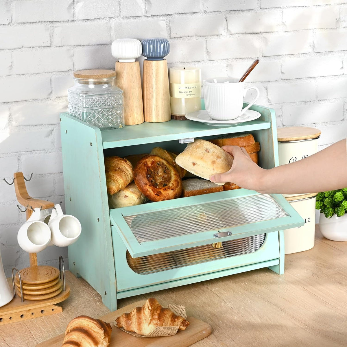2-Tier Green Bread Box for Kitchen Countertop with Window | Farmhouse Bread Storage Container, Large Pantry Organizers