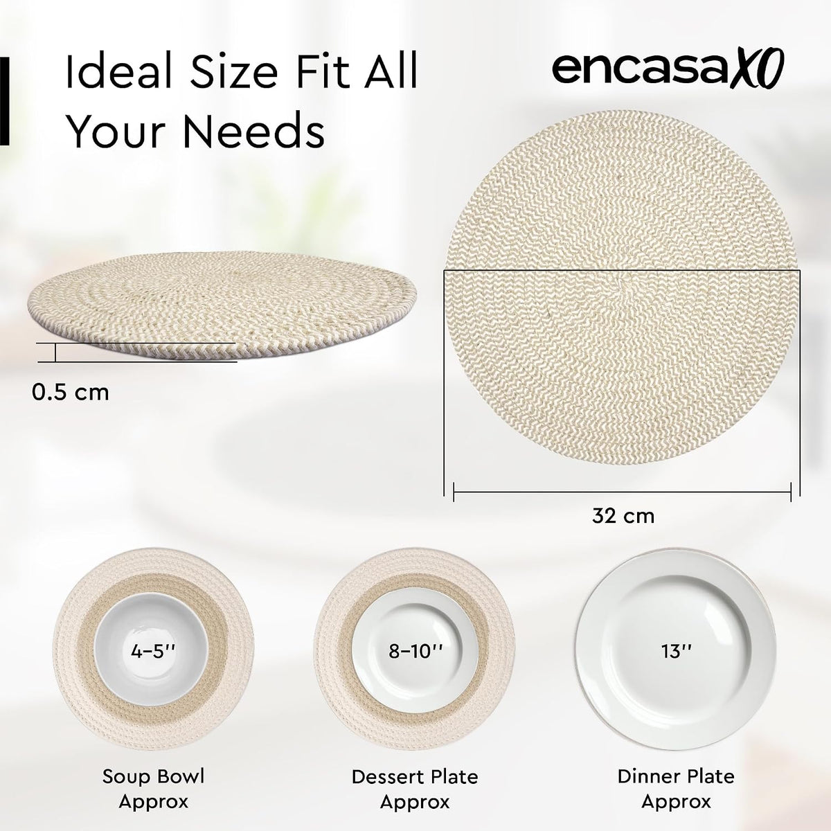 Encasa XO Placemats, Round Cotton Dining Table Mats 13" | Beige Mix Combo, Handcrafted Ribbed Texture | Heat Resistant