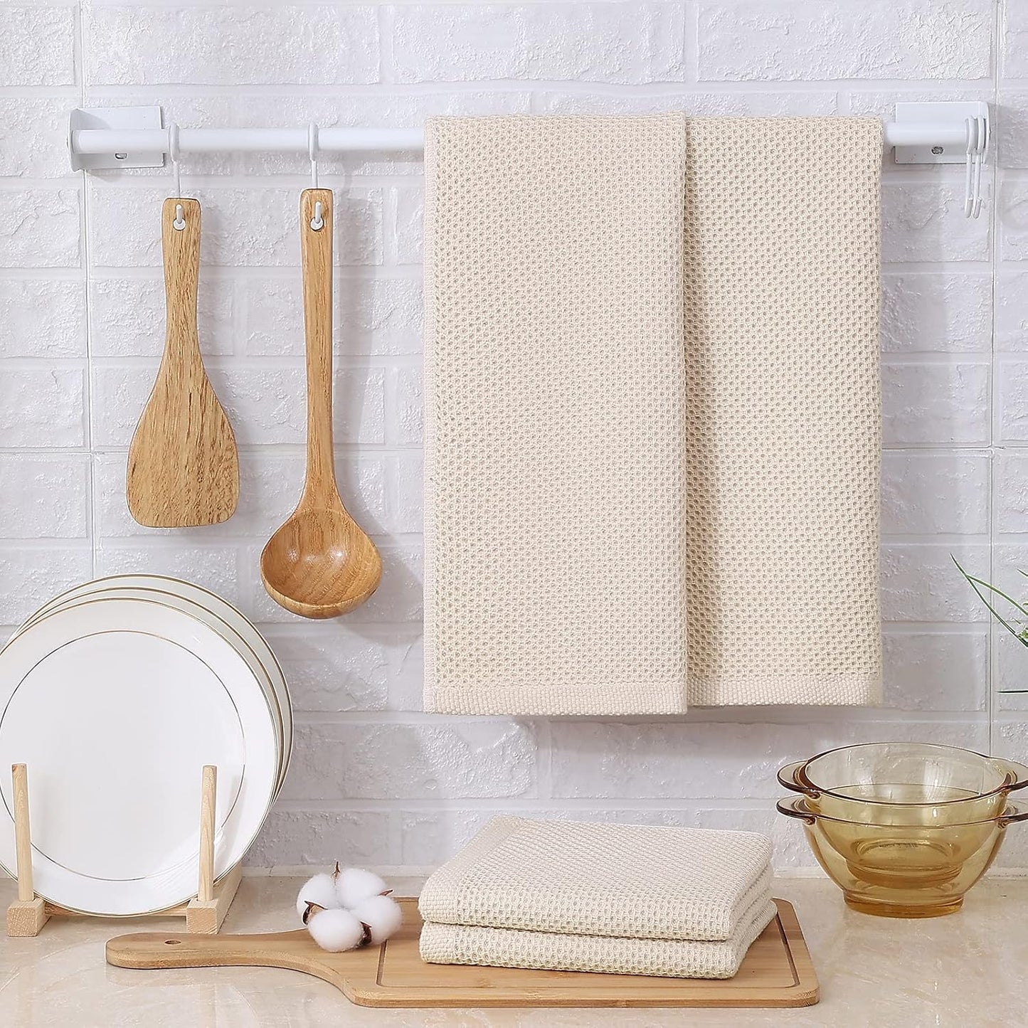 Kitinjoy 100% Cotton Waffle 8-Pack Kitchen Towels, 13" x 28", Beige | Super Soft, Ultra-Absorbent, Fast Drying