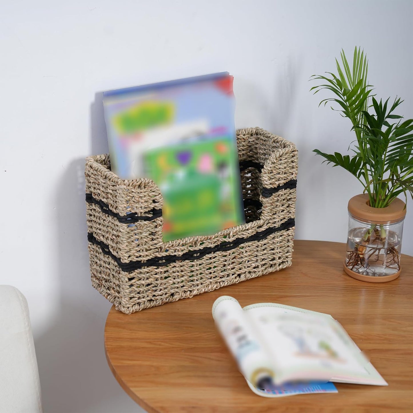 Handmade Seagrass Woven Hanging Basket / Rectangular Opening / Black / 11.81 x 4.33 x 7.87
