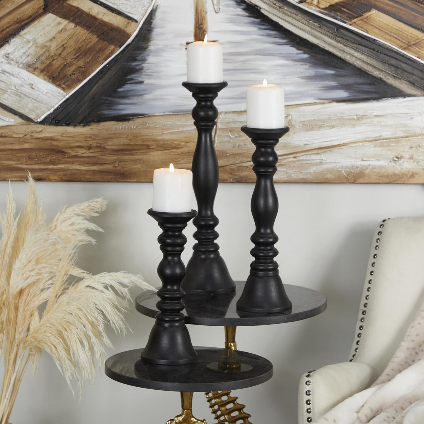 Deco 79 Wood Decorative Candle Holder Turned Style Pillar Candle Stand, Set of 3 Candlestick Holder 18, 15, 12'H, Black