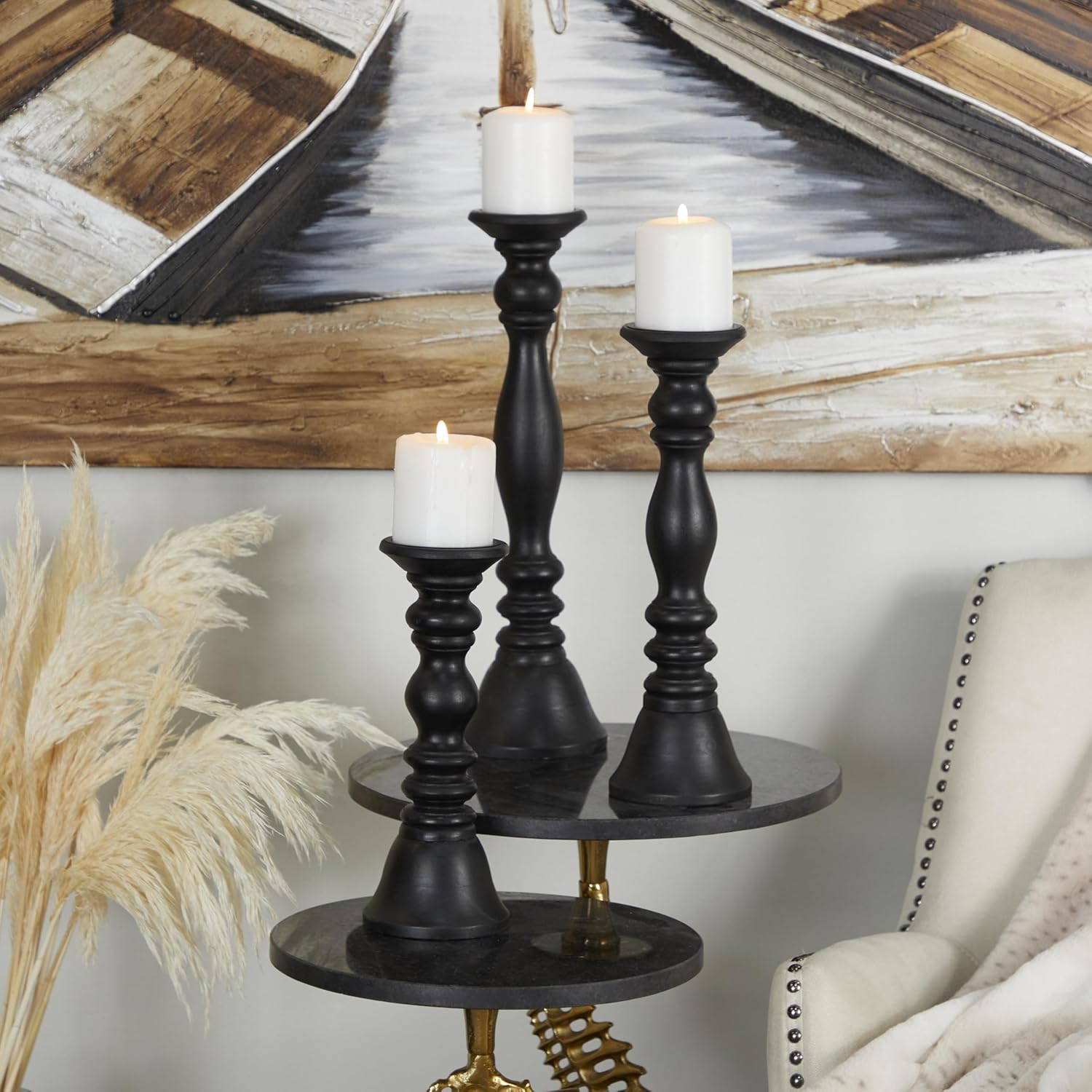 Deco 79 Wood Decorative Candle Holder Turned Style Pillar Candle Stand, Set of 3 Candlestick Holder 18, 15, 12'H, Black