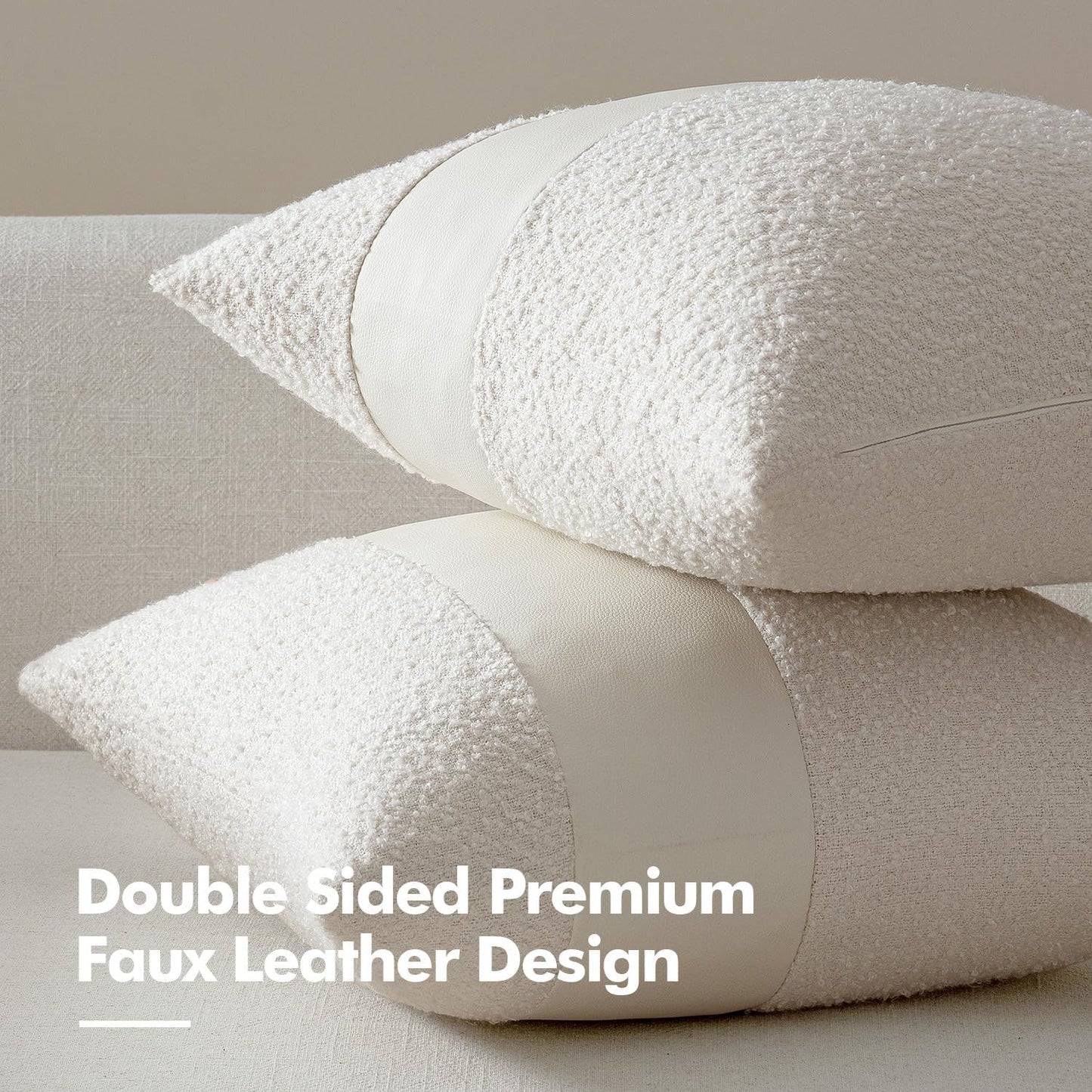 Boucle Throw Pillow Covers Faux Leather Textured Decorative Pillow / 18 x 18 / White / Set of 2