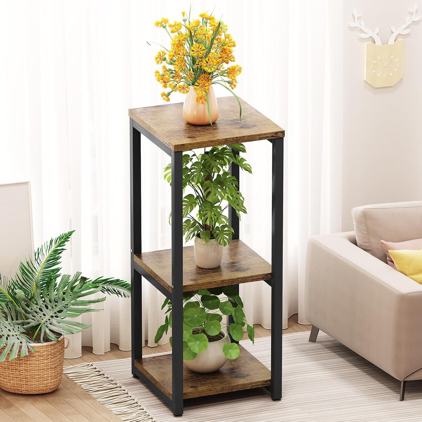 3 Tier Plant Stand Indoor Corner Tall Square Shape Plant Shelf | Modern Metal MDF board Flower Storage,Suitable tight