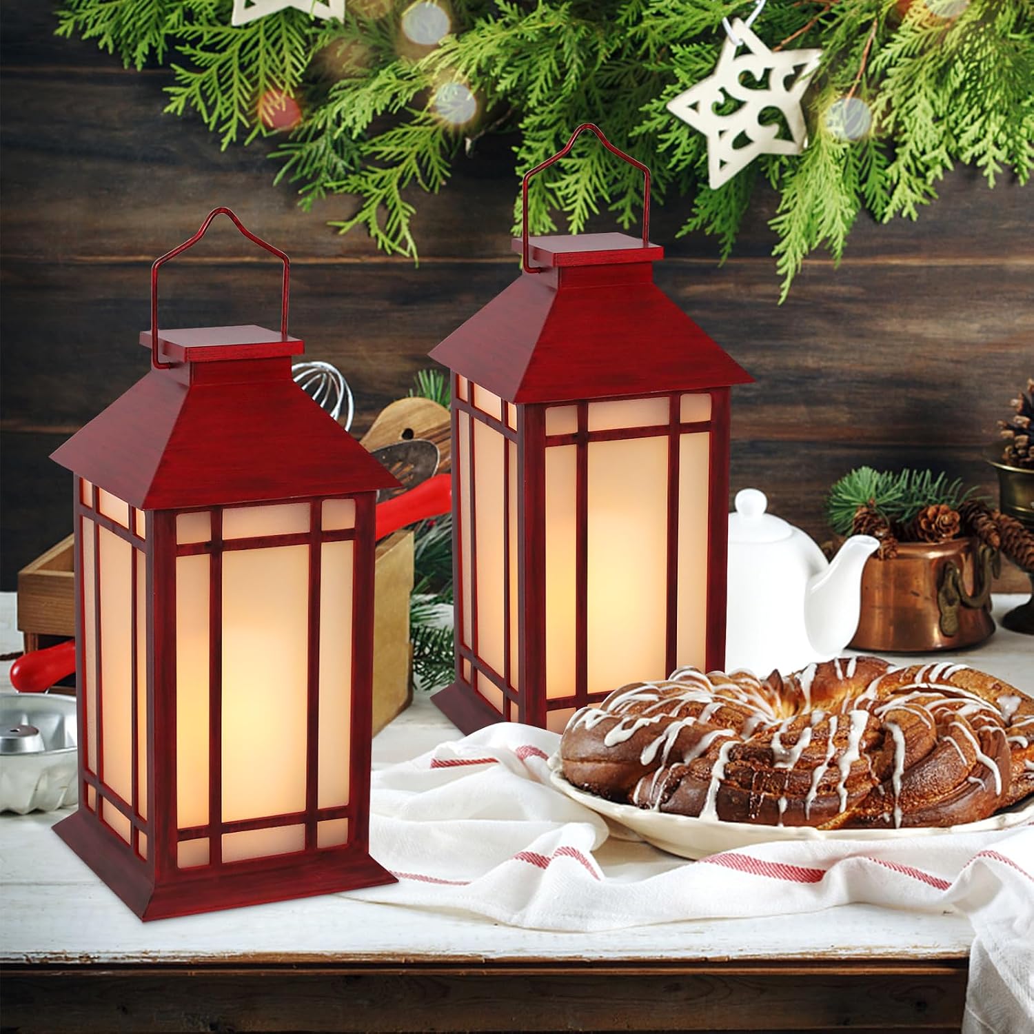 Christmas Lanterns Decorative,2pcs Red Lanterns Decorative Outdoor,Decorative Candle Lanterns Flameless Hanging Lights
