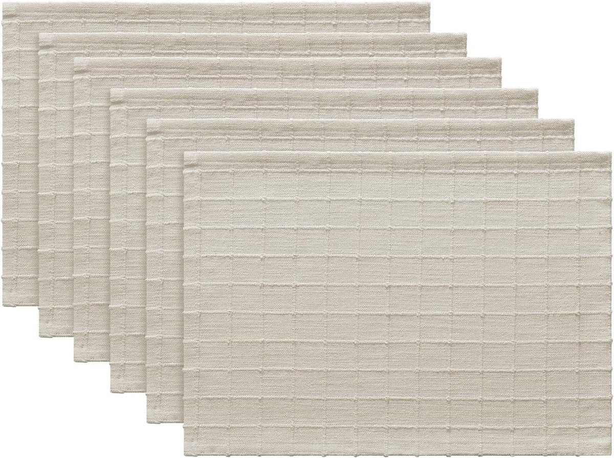 Artisanal Grid Decorative Linen Placemats Set of 6, Ivory | Thick Heavy Textured Washed Linen Place Mats 13×19in