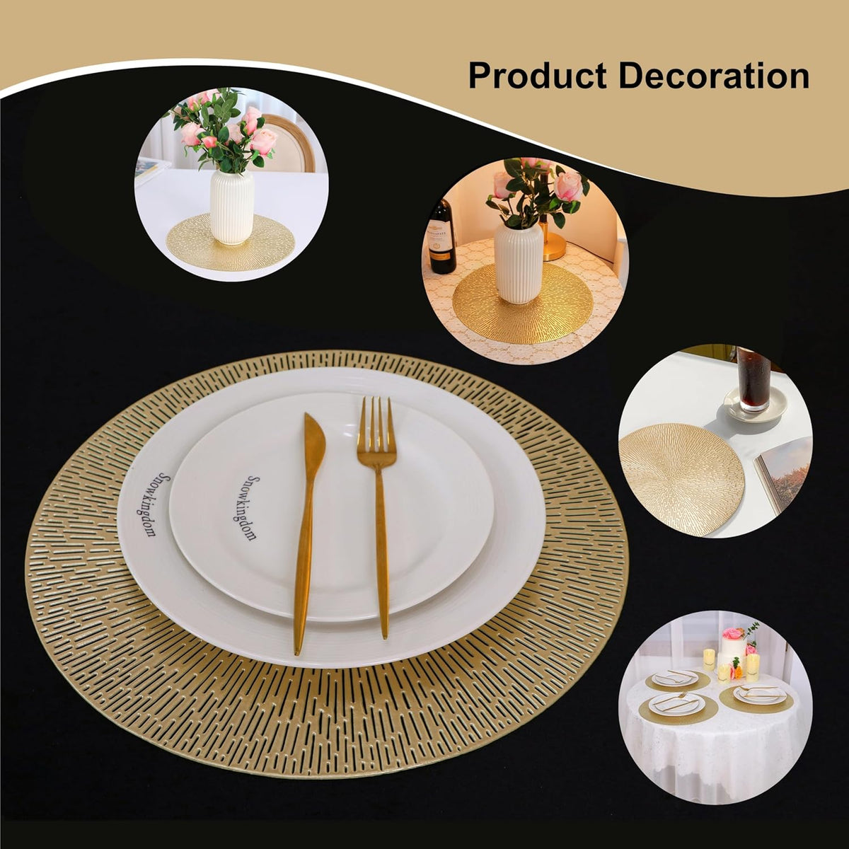 Snowkingdom Gold Placemats Round Set of 8, Gold Metallic Hollow Vinyl 15 Inch Round Placemat, Washable Wipeable Easy