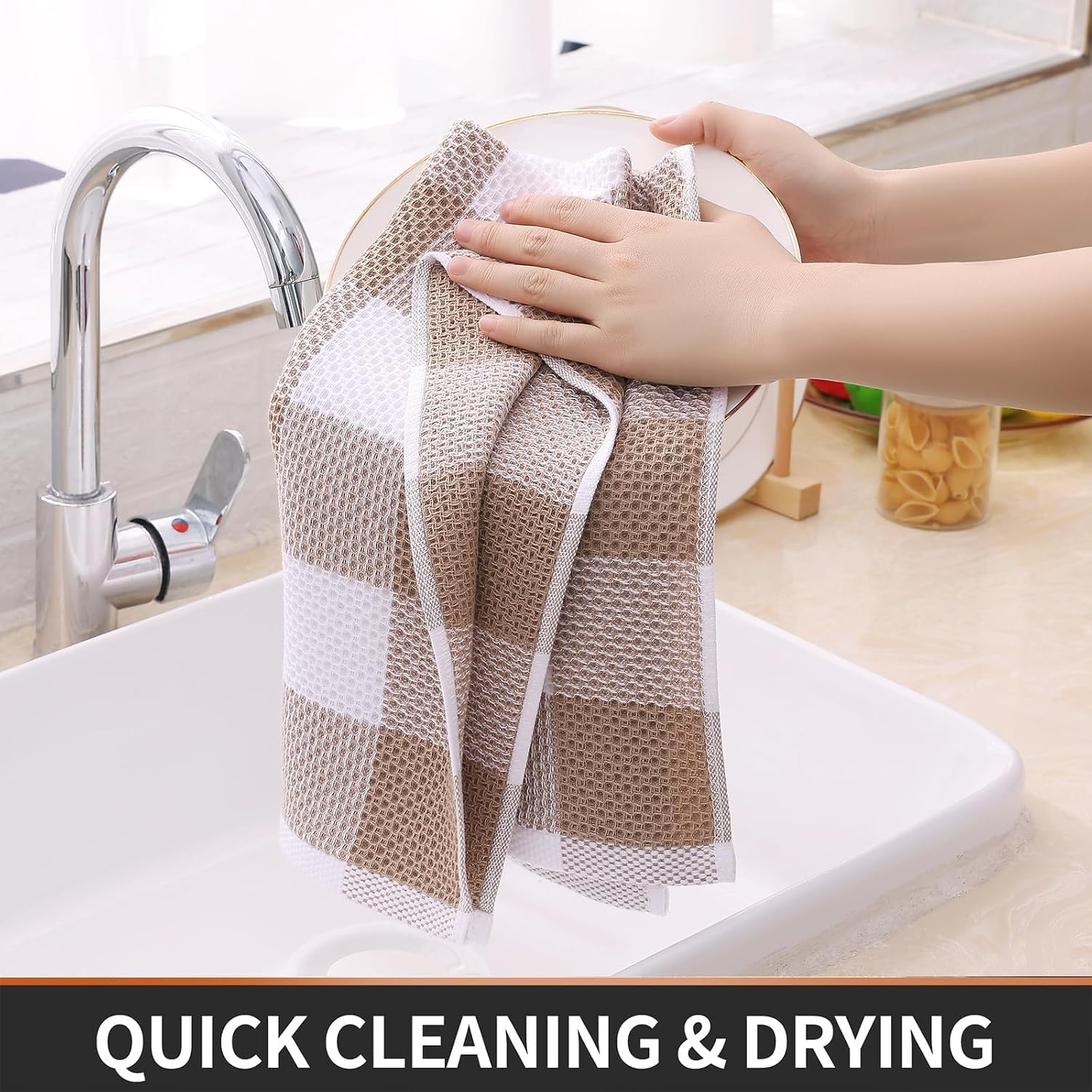 Homaxy Kitchen Towels and Dishcloths Set, Set of 12, White & Khaki | Bulk Cotton Waffle Weave Check Plaid Kitchen