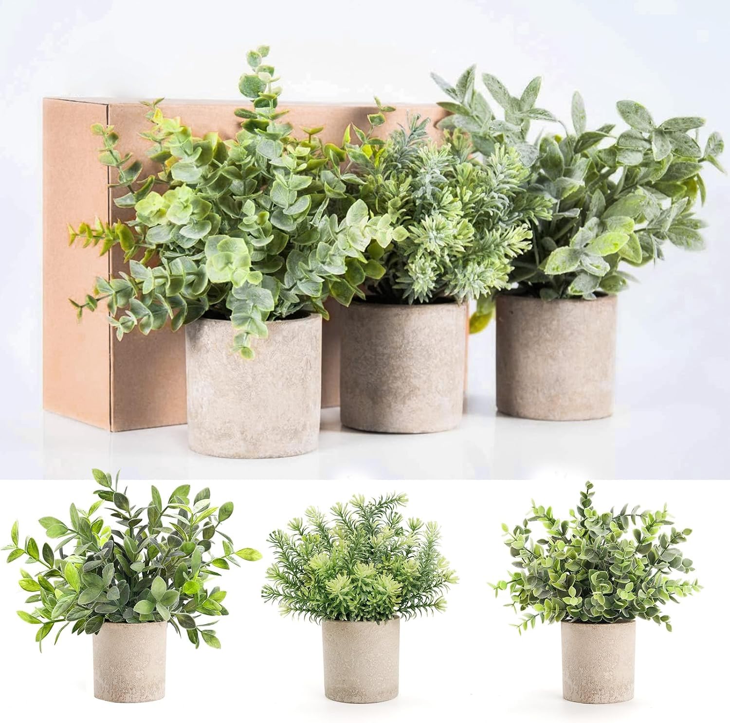 Mini Potted Fake Plants Artificial Plastic Eucalyptus Plants Topiaries / Sage Green / Set of 3