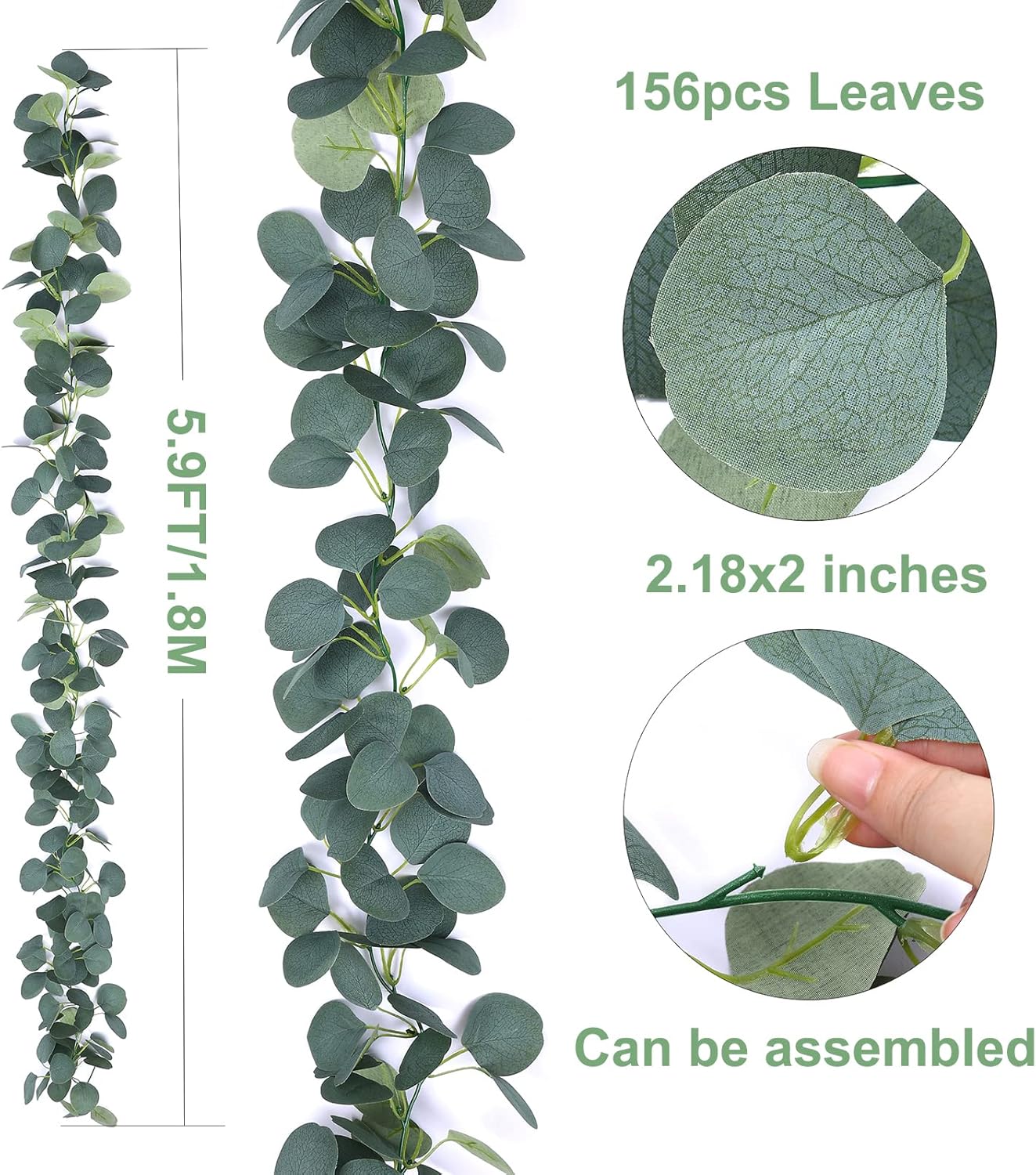 Artificial Eucalyptus Garland Faux Silk Leaf Dollar Eucalyptus Leaves Vines / Silver / Set of 2